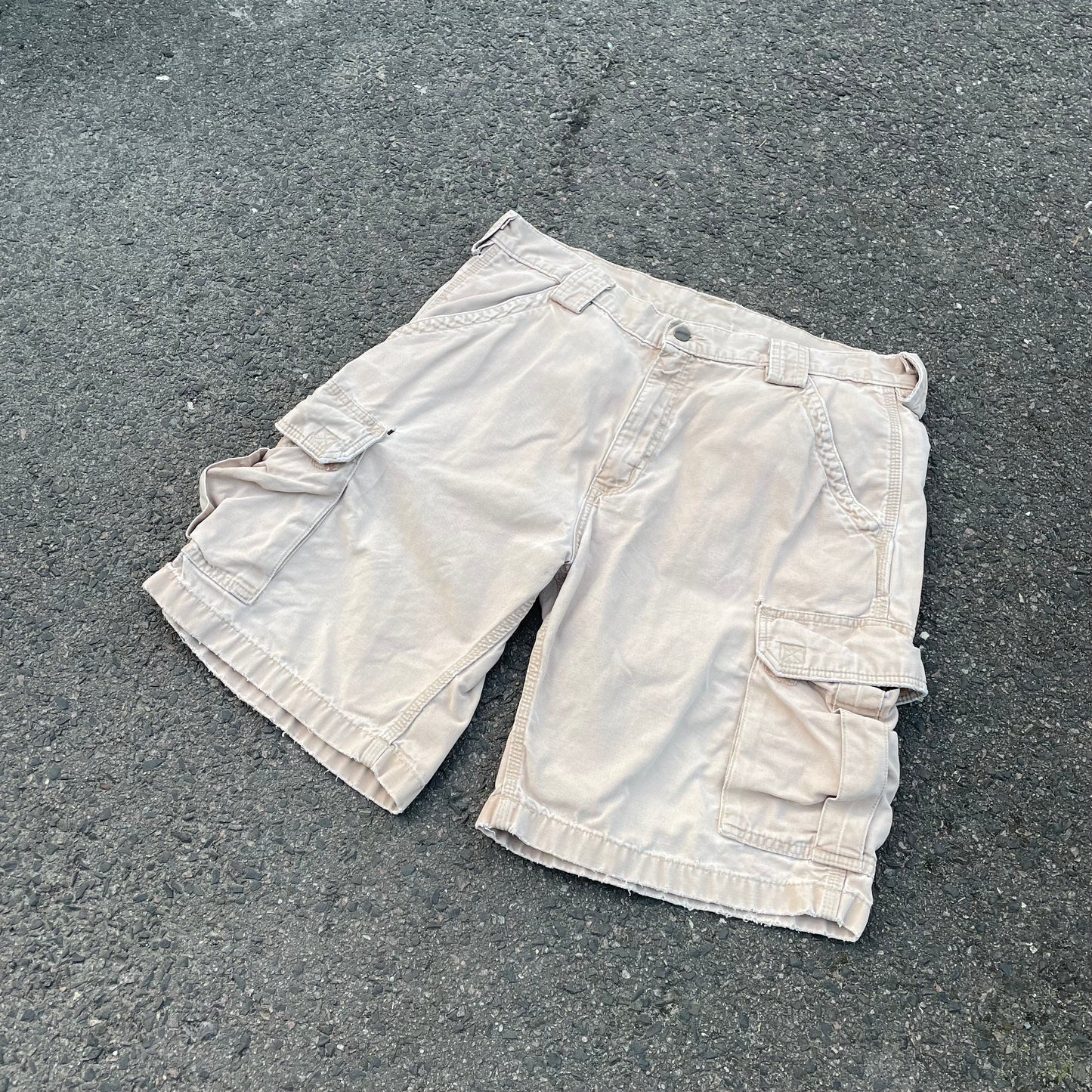 Custom Carhartt Cargo Shorts – Beige Canvas with Back Skeleton Print | Vintage Workwear 1 of 1