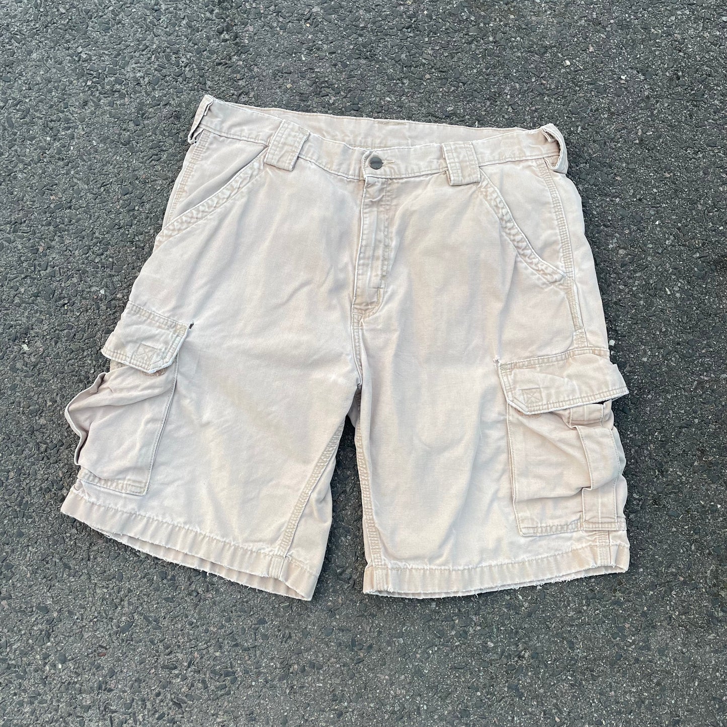 Custom Carhartt Cargo Shorts – Beige Canvas with Back Skeleton Print | Vintage Workwear 1 of 1