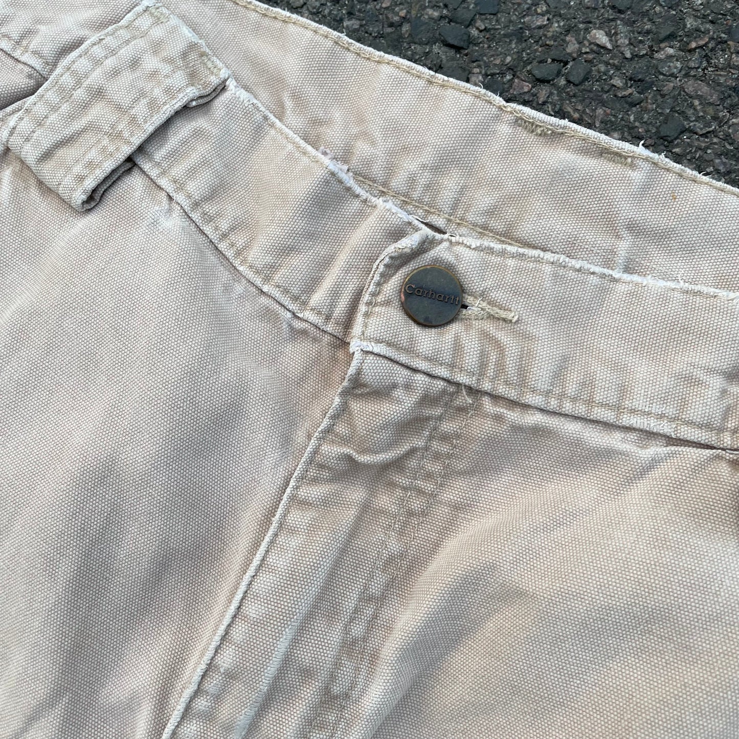Custom Carhartt Cargo Shorts – Beige Canvas with Back Skeleton Print | Vintage Workwear 1 of 1