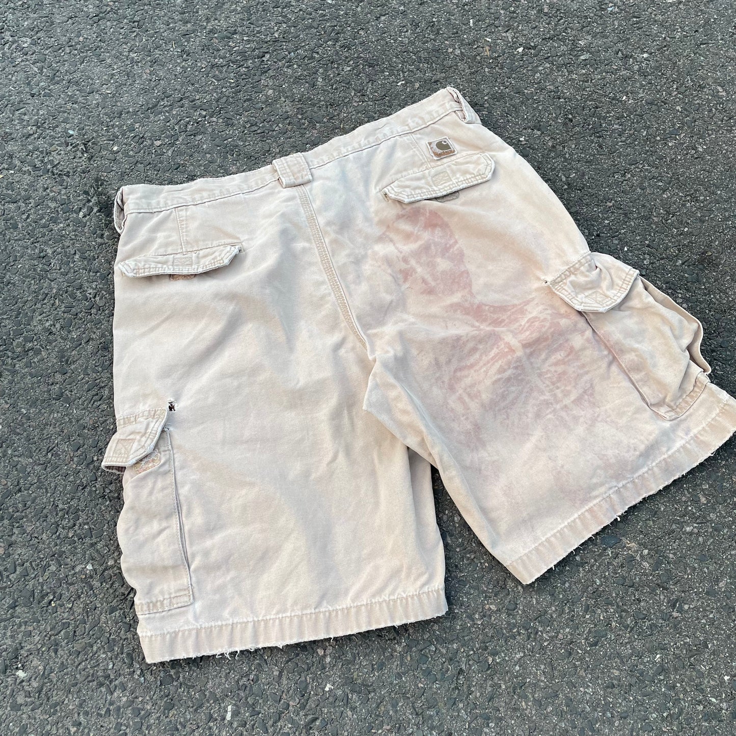 Custom Carhartt Cargo Shorts – Beige Canvas with Back Skeleton Print | Vintage Workwear 1 of 1