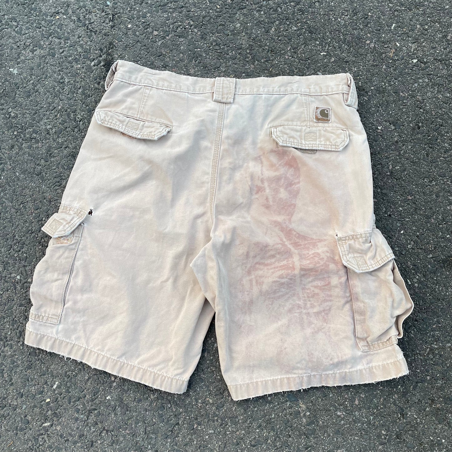 Custom Carhartt Cargo Shorts – Beige Canvas with Back Skeleton Print | Vintage Workwear 1 of 1