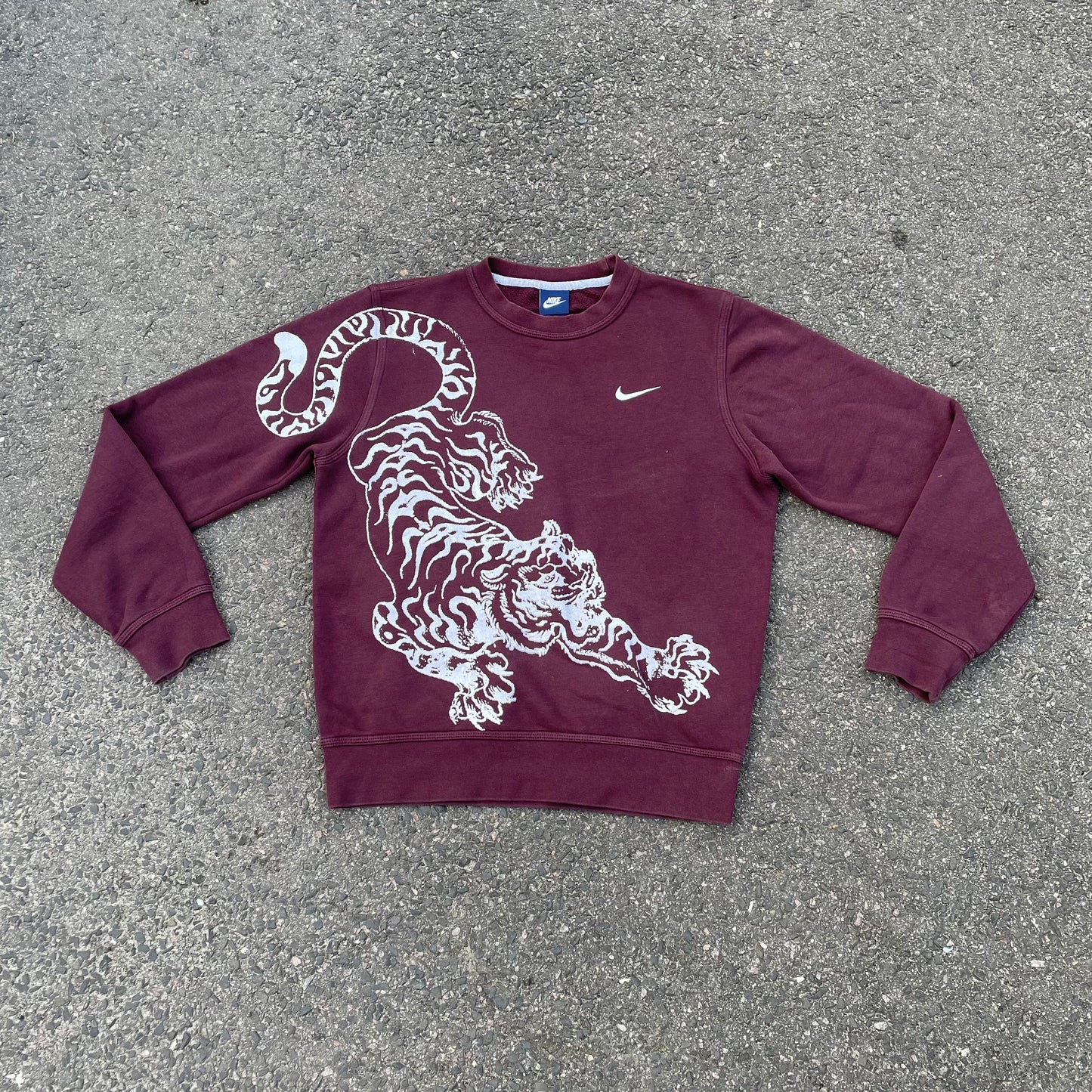 Custom Nike Tiger Graphic Sweatshirt – Dark Red (Burgundy) with White Print | Reworked