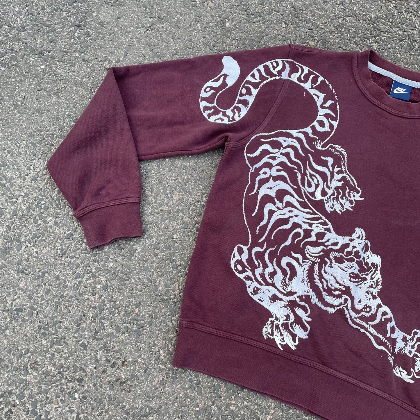Custom Nike Tiger Graphic Sweatshirt – Dark Red (Burgundy) with White Print | Reworked