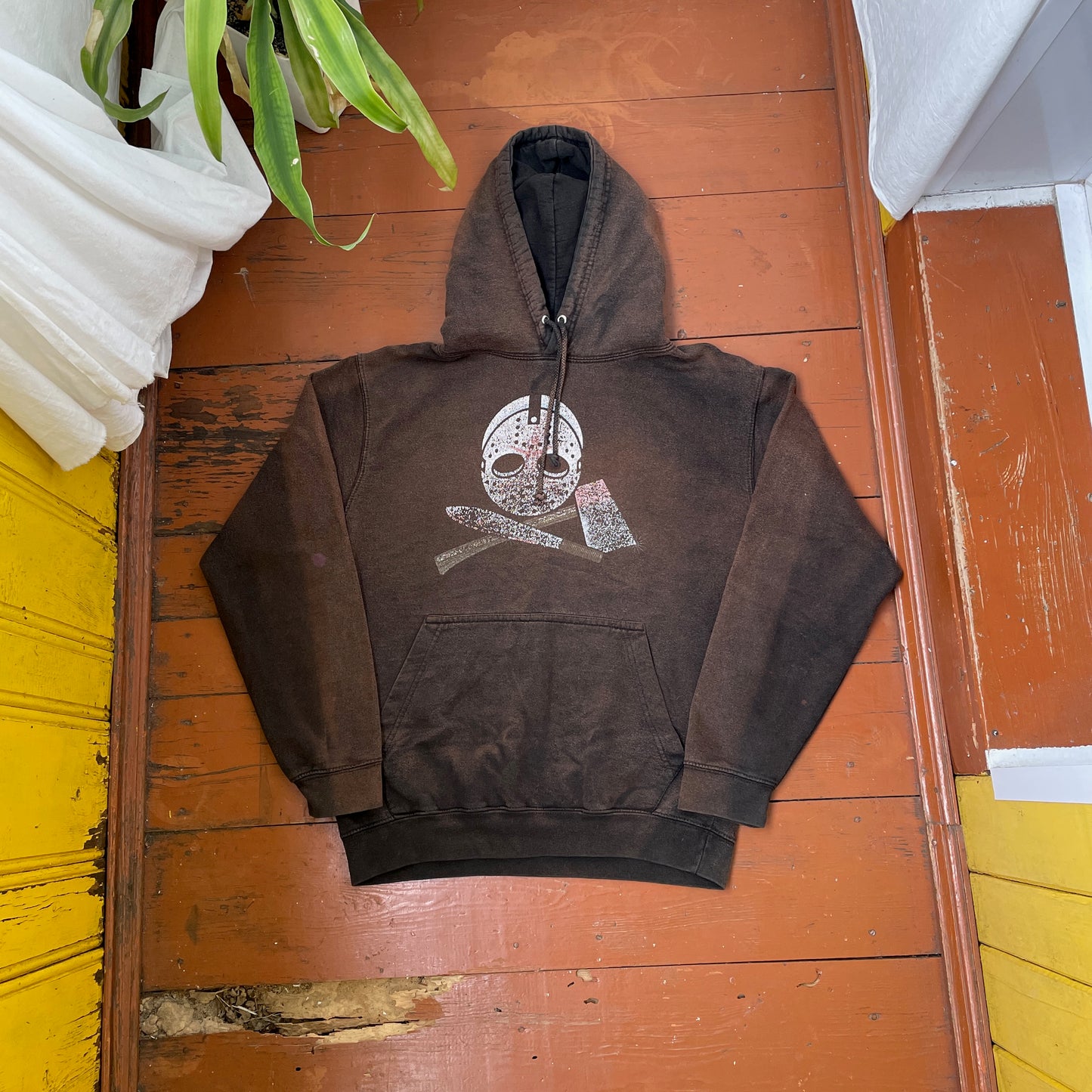 Custom Horror Mask Hoodie – Bleached Black with Skull & Axe Print | Handcrafted Distressed Hoodie