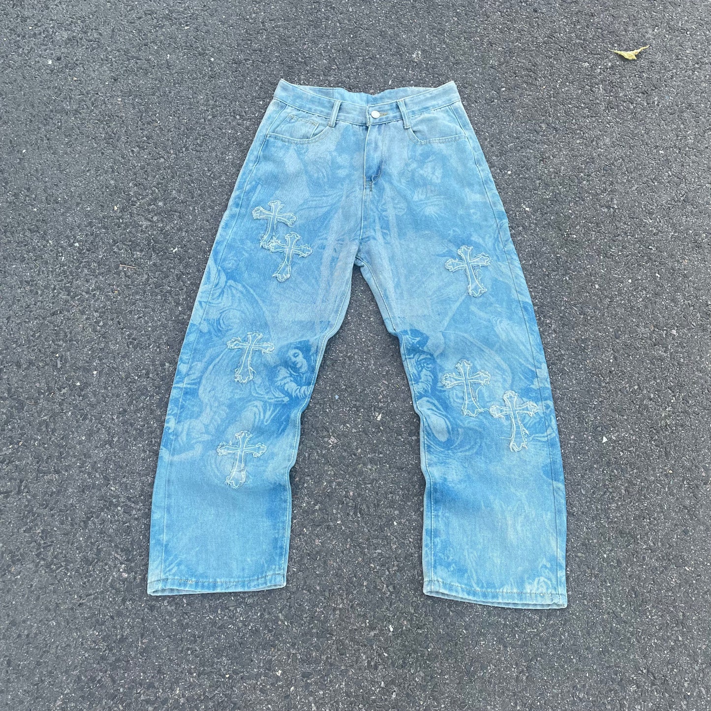 Custom Bohemian Cross Denim Pants – Blue with Patchwork/Prints | 1 of 1 Reworked Vintage