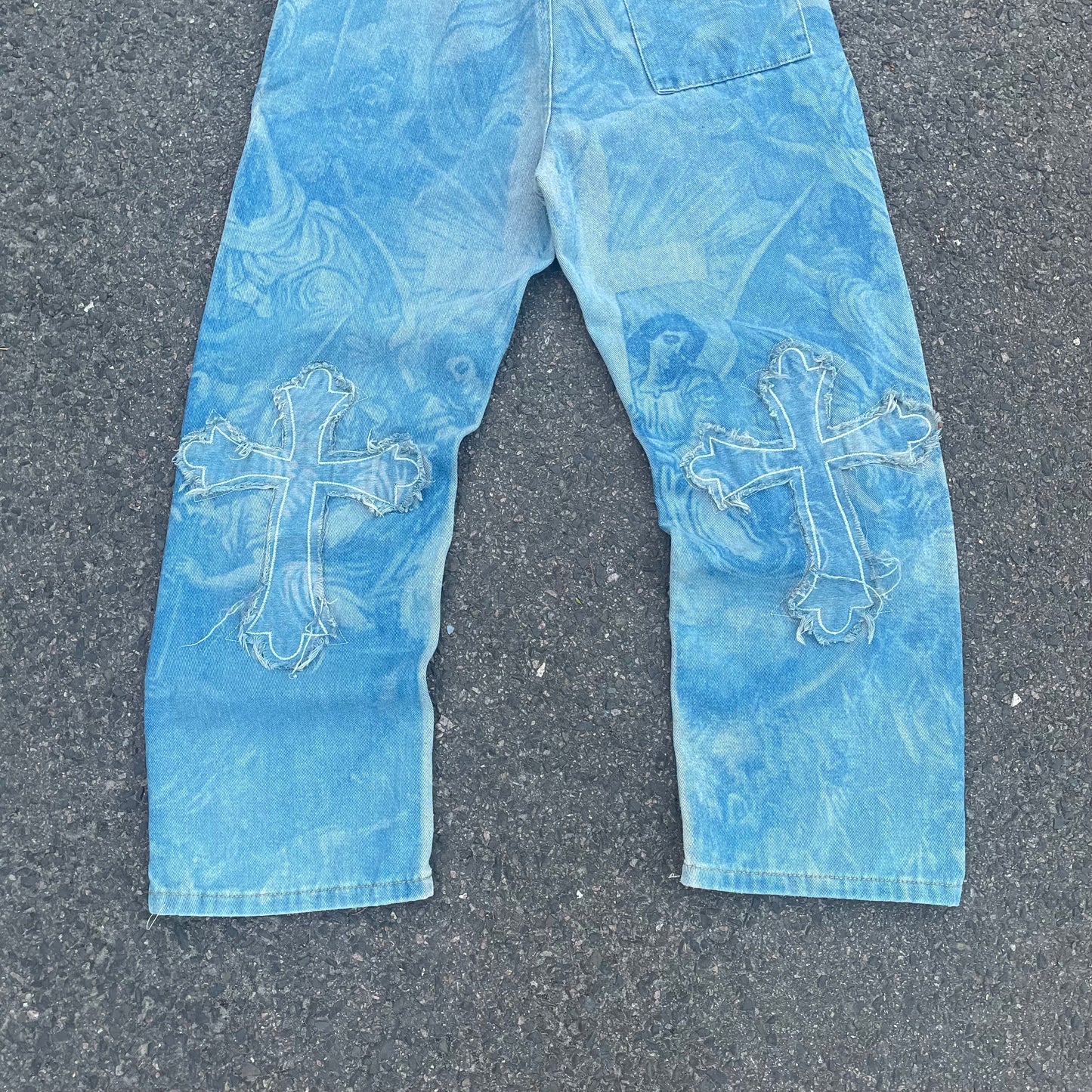 Custom Bohemian Cross Denim Pants – Blue with Patchwork/Prints | 1 of 1 Reworked Vintage