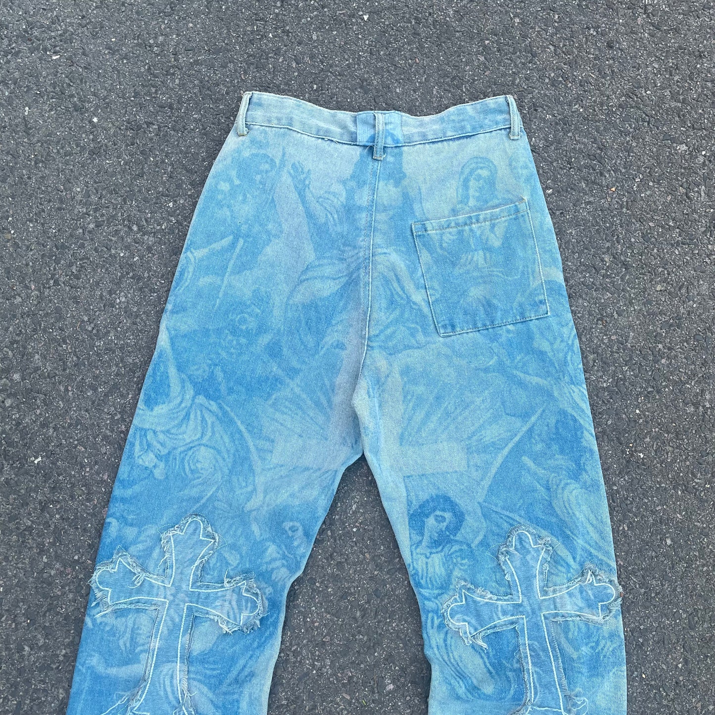 Custom Bohemian Cross Denim Pants – Blue with Patchwork/Prints | 1 of 1 Reworked Vintage