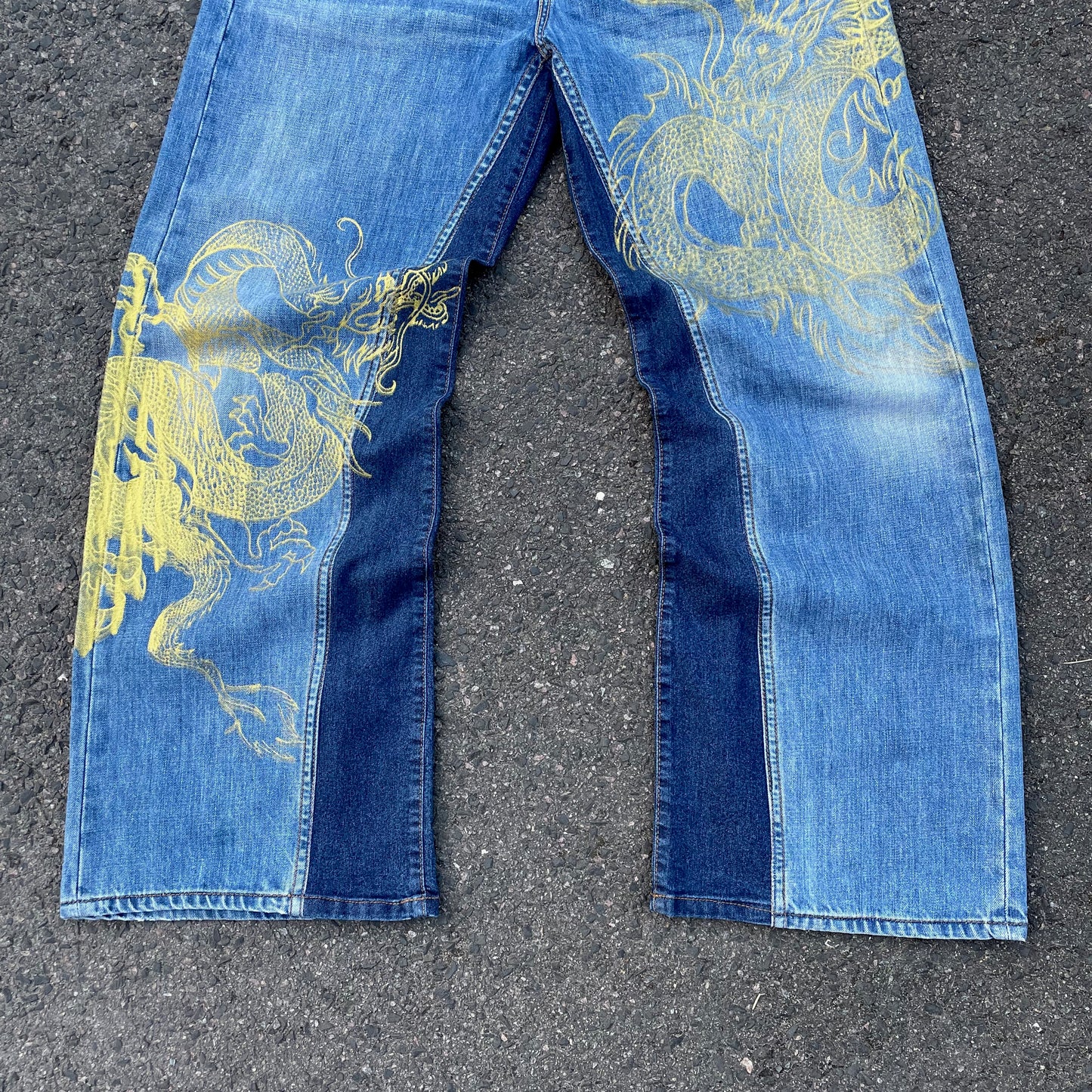 Custom Levi’s Two Dragon Print Jeans – Blue with Yellow Artwork | 1 of 1 Reworked Denim