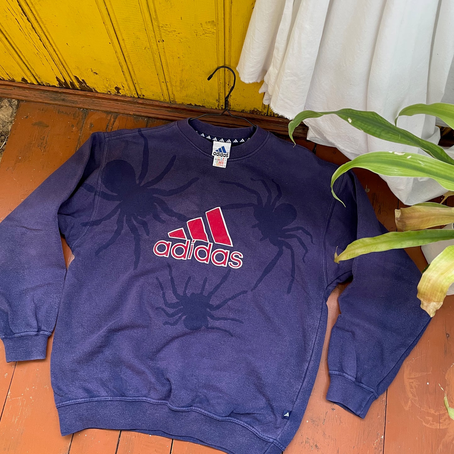 Faded 90s Adidas Sweatshirt โ Hand-Faded with Black Spider Pattern | Vintage Sportswear 1 of 1