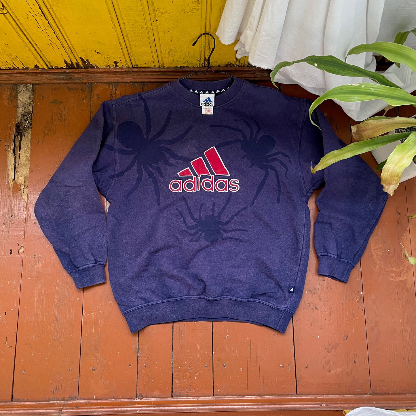 Faded 90s Adidas Sweatshirt โ Hand-Faded with Black Spider Pattern | Vintage Sportswear 1 of 1