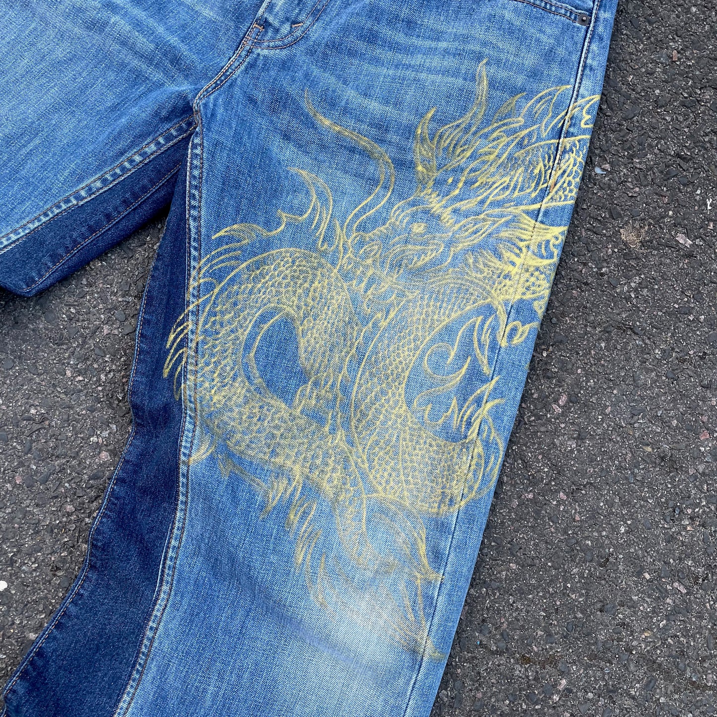 Custom Levi’s Two Dragon Print Jeans – Blue with Yellow Artwork | 1 of 1 Reworked Denim
