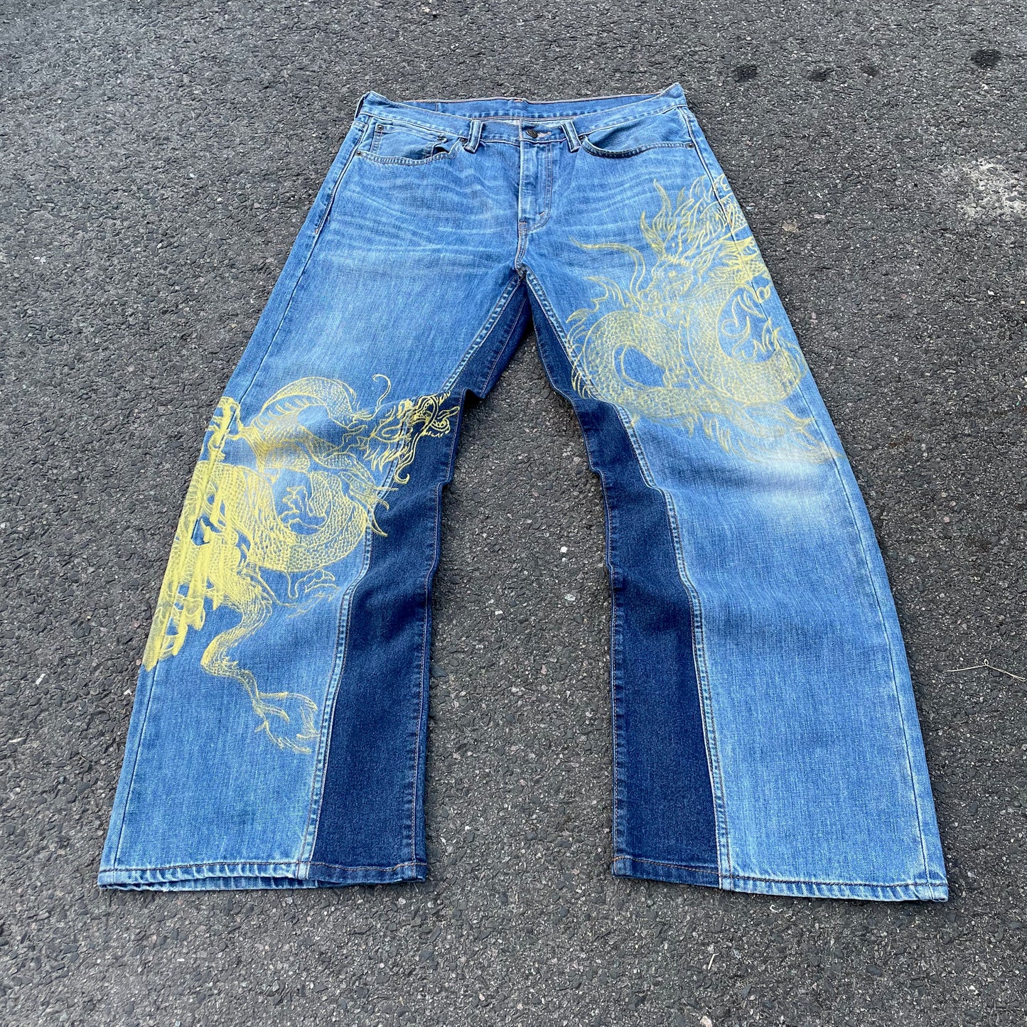 Custom Levi’s Two Dragon Print Jeans – Blue with Yellow Artwork | 1 of 1 Reworked Denim
