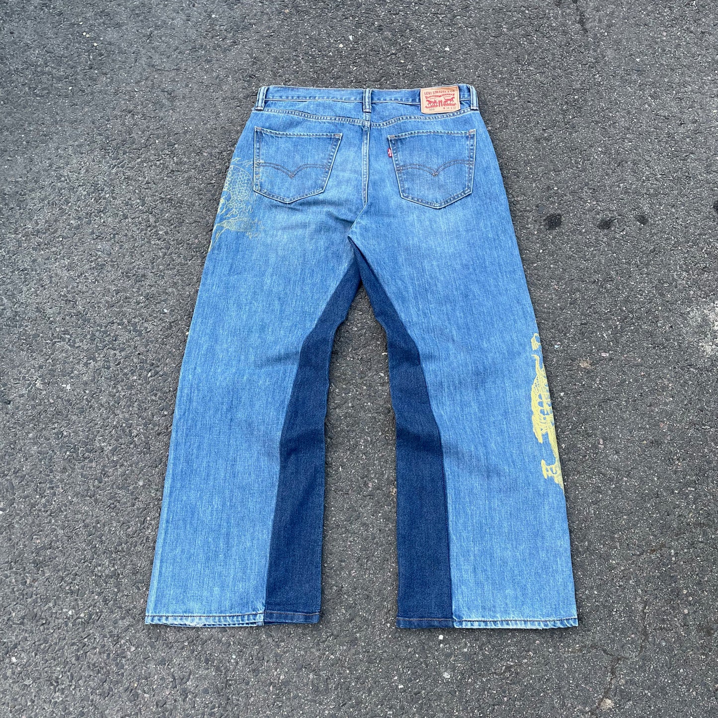 Custom Levi’s Two Dragon Print Jeans – Blue with Yellow Artwork | 1 of 1 Reworked Denim