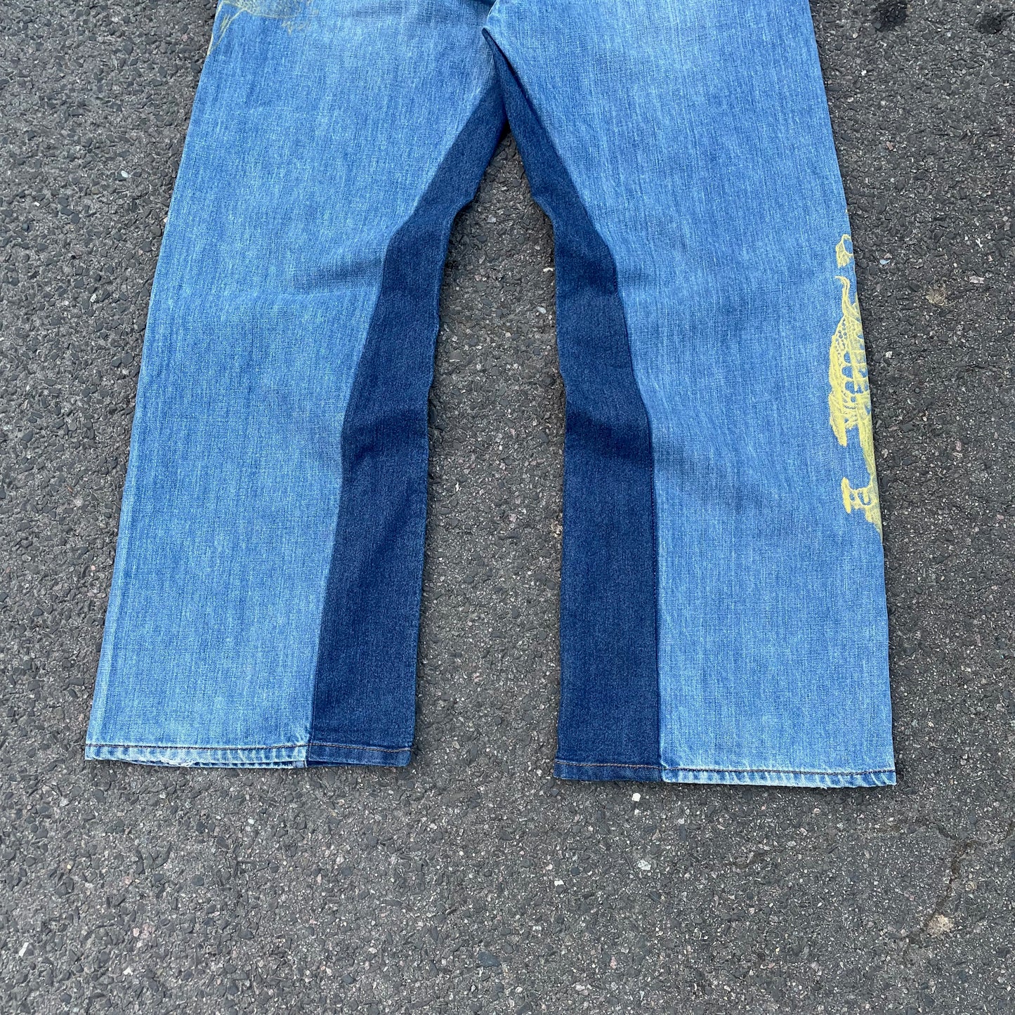 Custom Levi’s Two Dragon Print Jeans – Blue with Yellow Artwork | 1 of 1 Reworked Denim