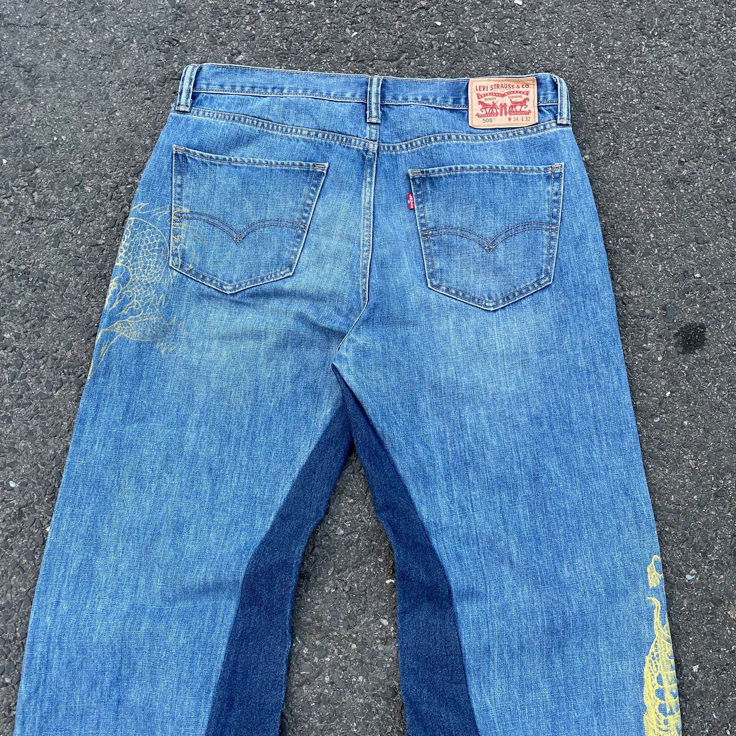 Custom Levi’s Two Dragon Print Jeans – Blue with Yellow Artwork | 1 of 1 Reworked Denim