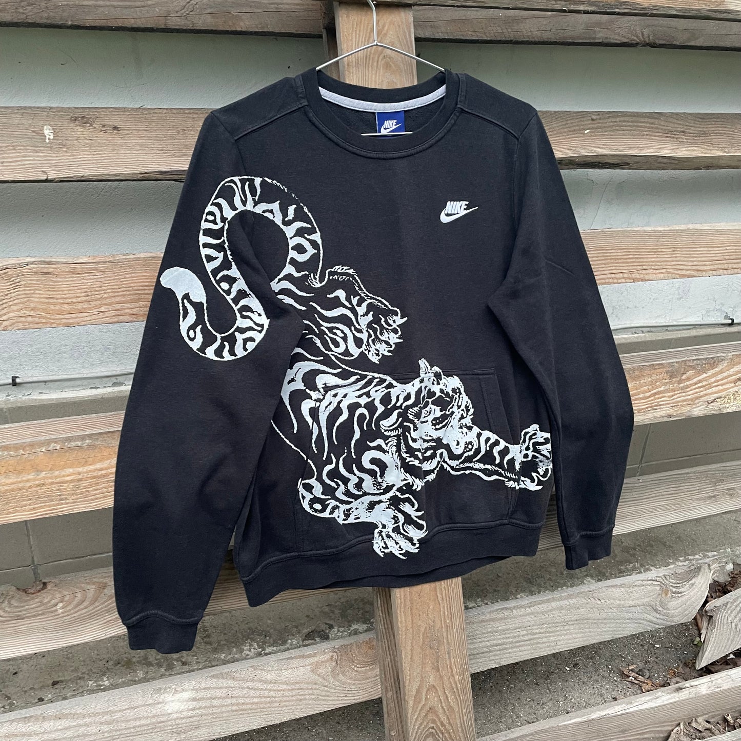 Custom Nike Tiger Print Sweatshirt – Black with White Artwork | 1 of 1 Reworked