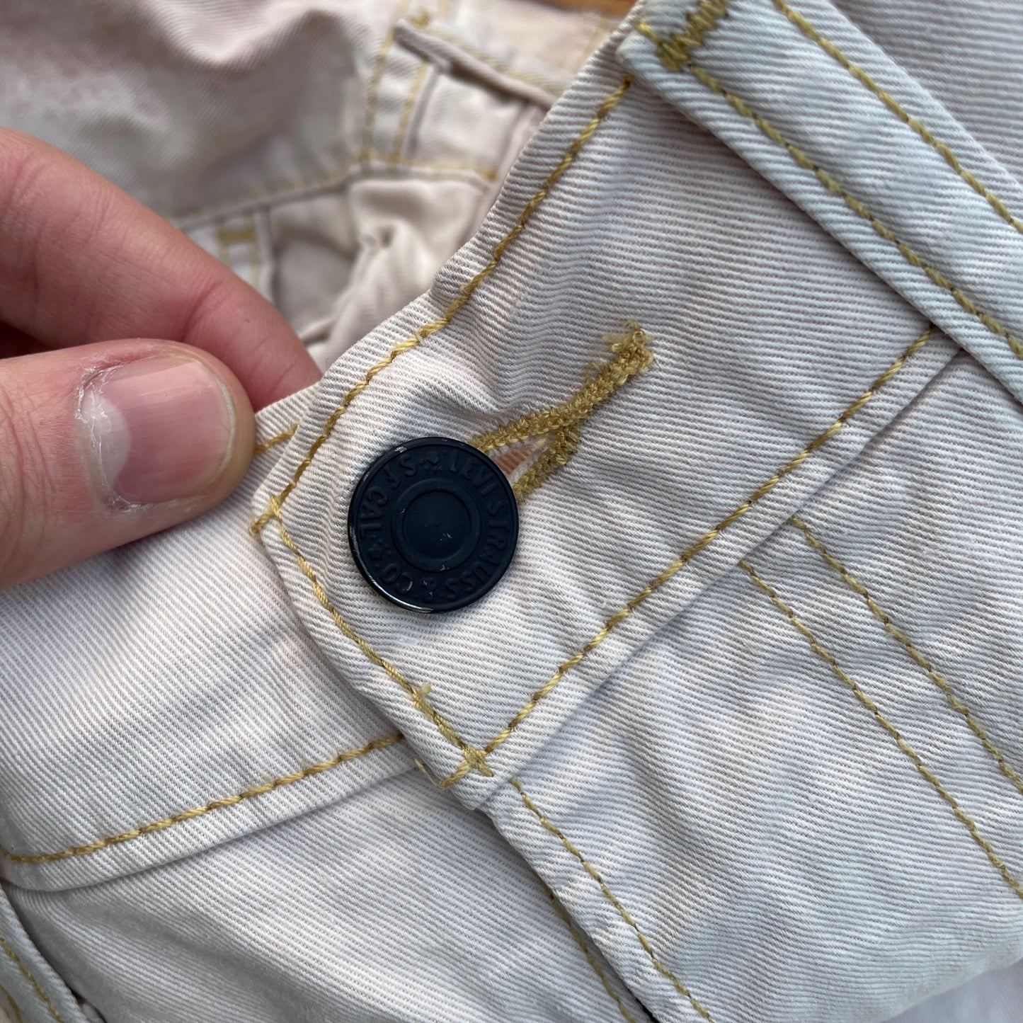 Custom Levi’s Bohemian Abstract Print Jeans – Light Washed Denim | 1 of 1 Reworked Art