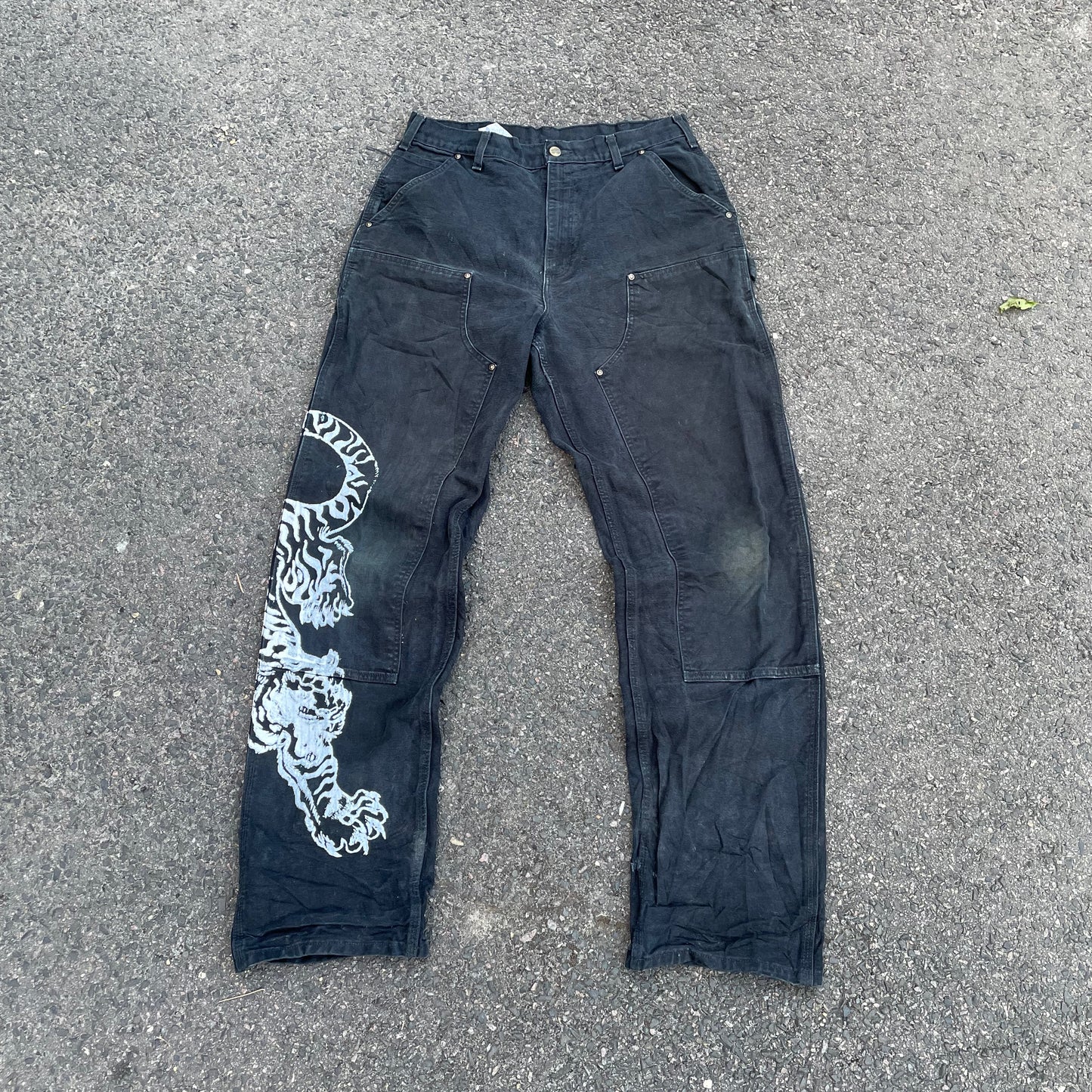 Custom Carhartt Tiger Print Work Pants – Black with White Artwork | 1 of 1 Reworked