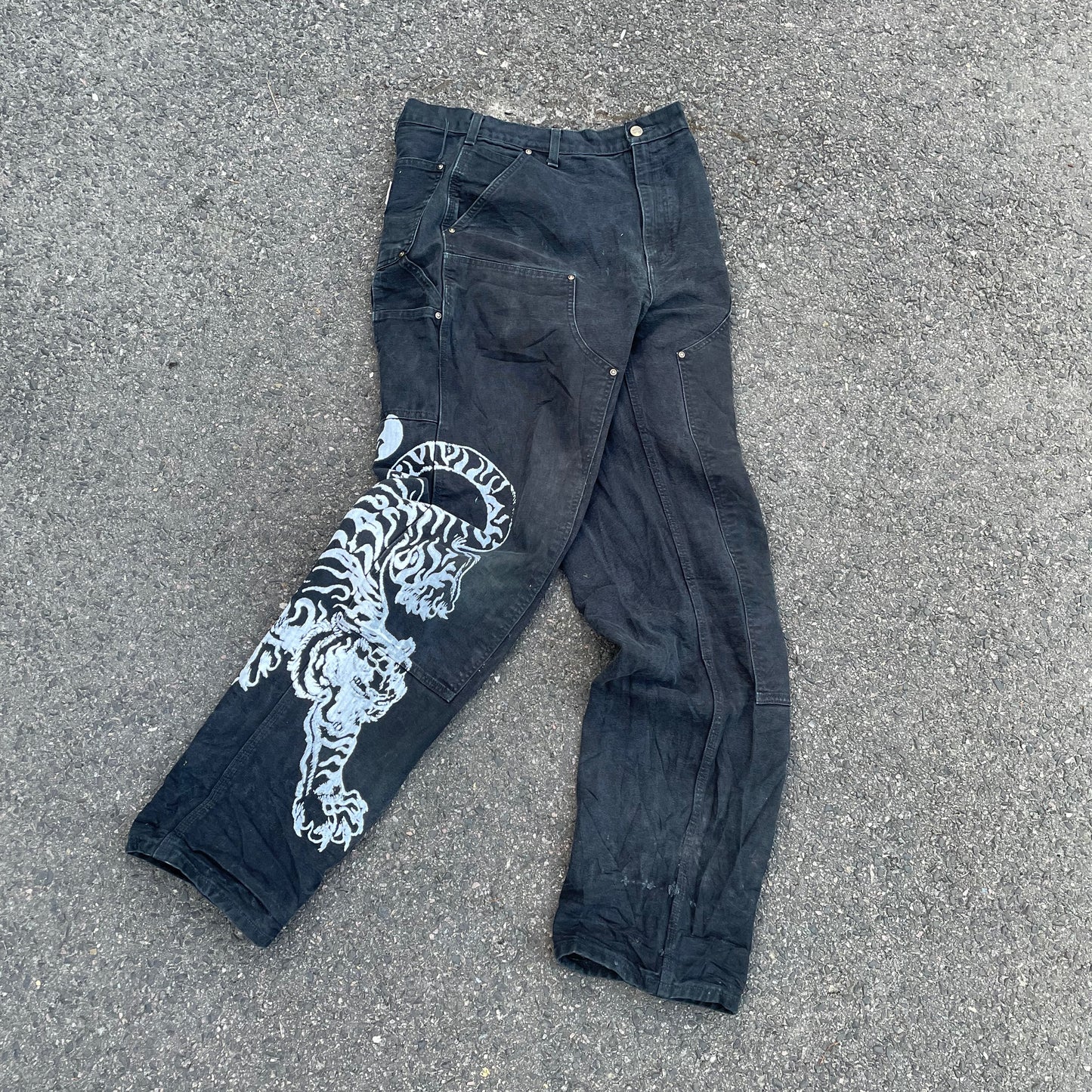 Custom Carhartt Tiger Print Work Pants – Black with White Artwork | 1 of 1 Reworked
