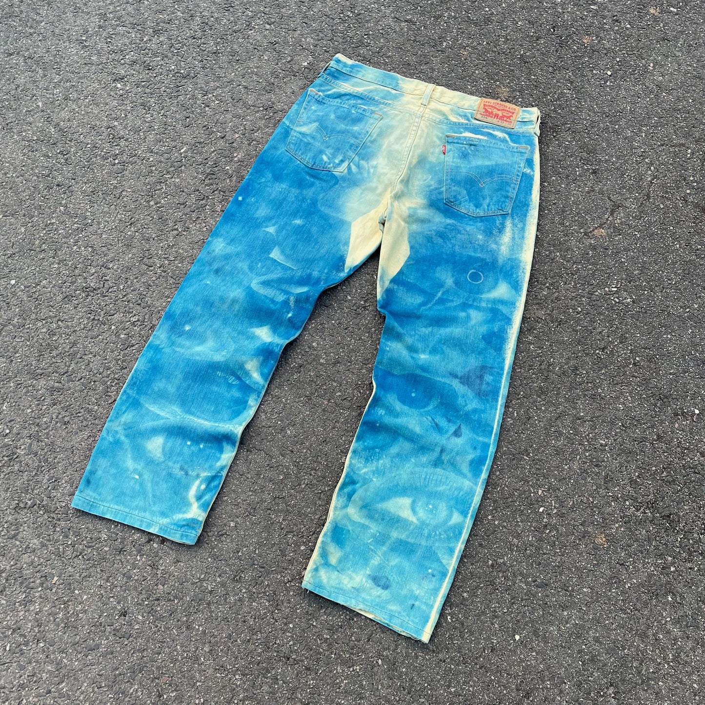 Custom Levi’s Blue Eye Print Jeans – Abstract Bleached Denim 1 of 1 Reworked Art