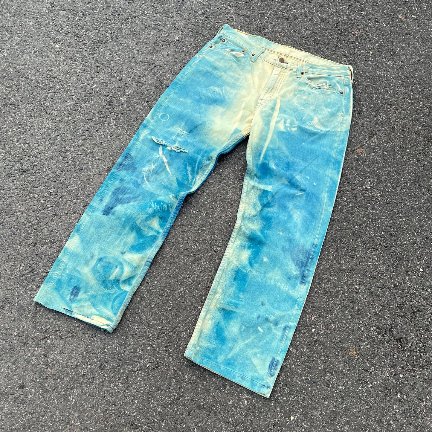Custom Levi’s Blue Eye Print Jeans – Abstract Bleached Denim 1 of 1 Reworked Art