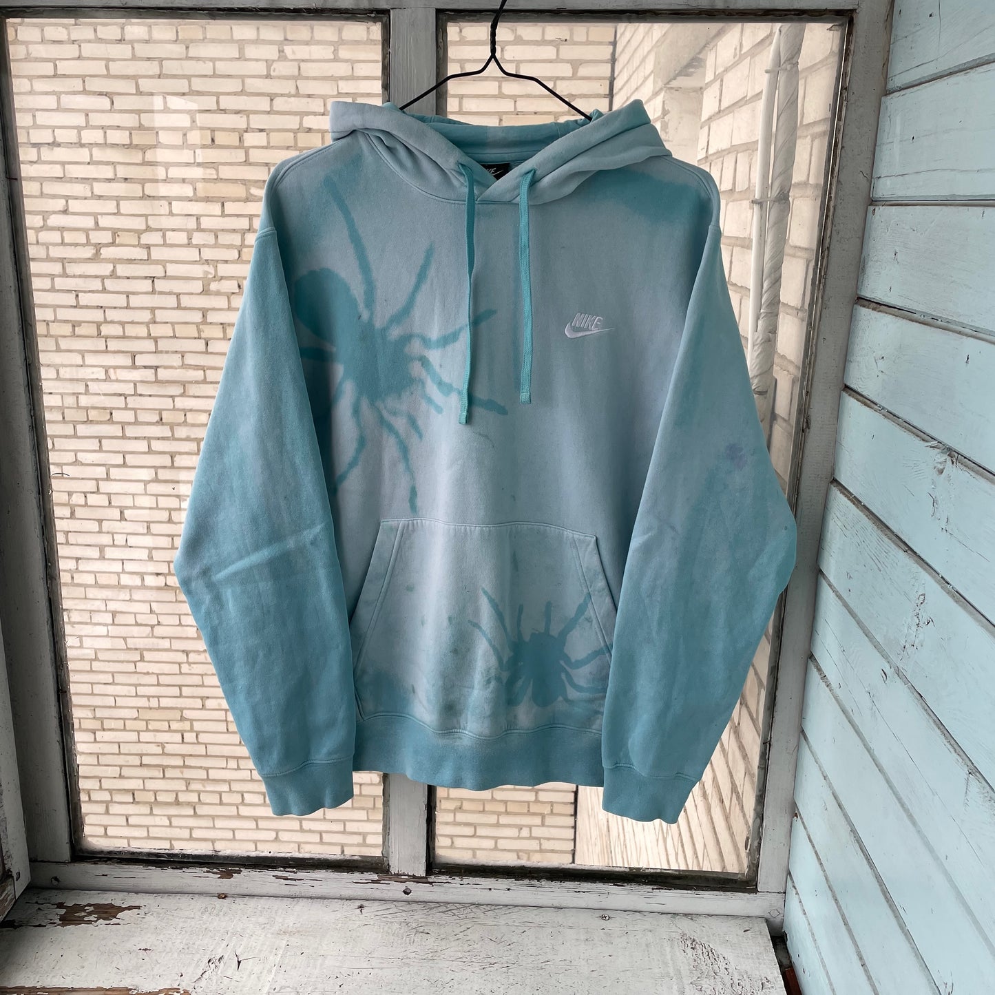 Custom Nike Hoodie – Hand-Faded Aqua Spider Hoodie | Vintage Grunge 1 of 1