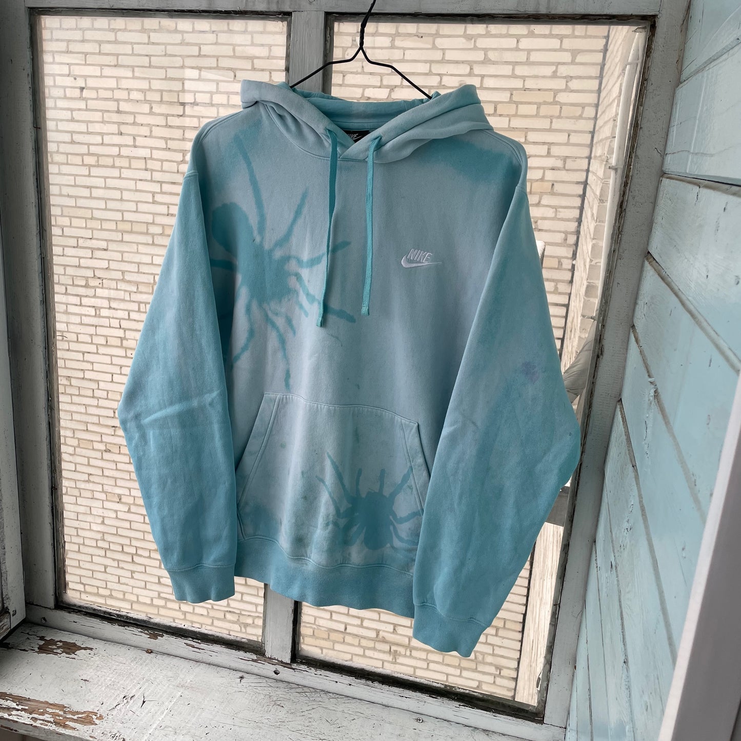Custom Nike Hoodie – Hand-Faded Aqua Spider Hoodie | Vintage Grunge 1 of 1
