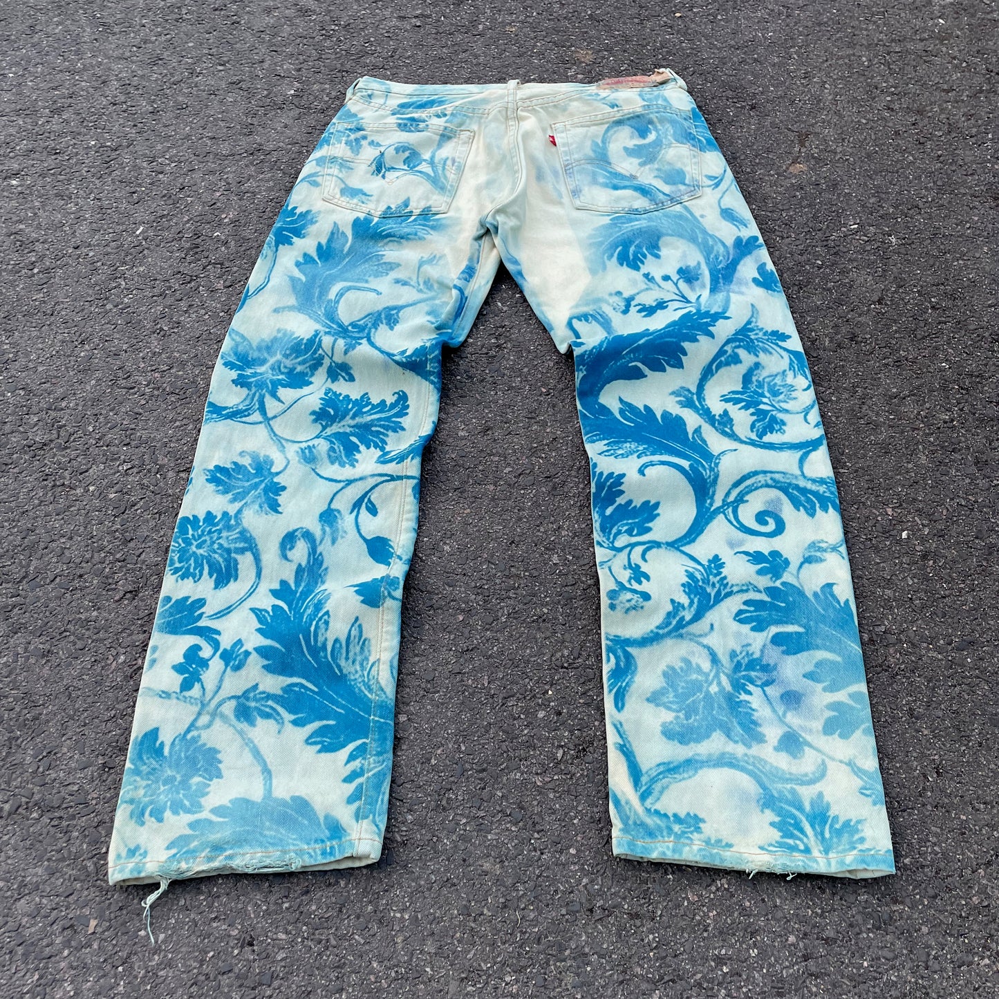 Custom Levi’s Flora Pants – Faded Botanical Art in Soft Red | Vintage Denim 1 of 1