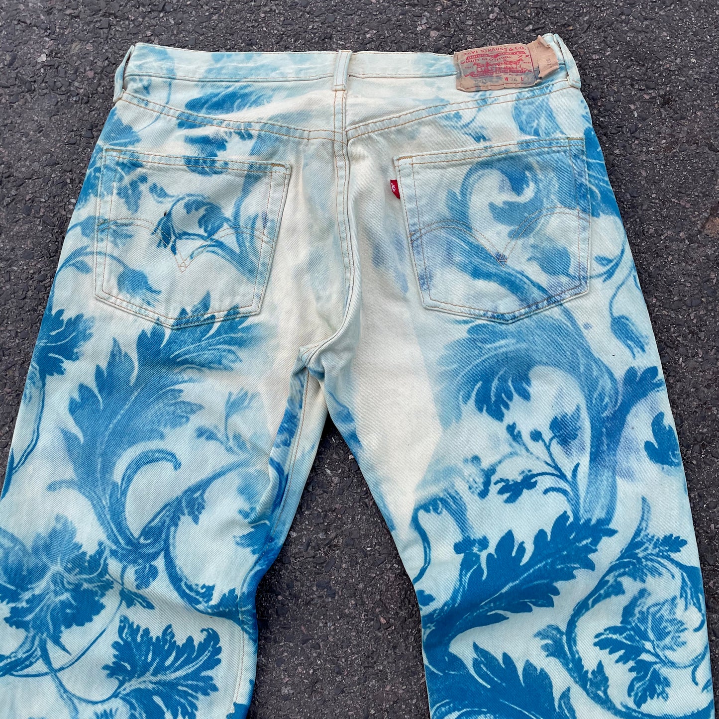 Custom Levi’s Flora Pants – Faded Botanical Art in Soft Red | Vintage Denim 1 of 1