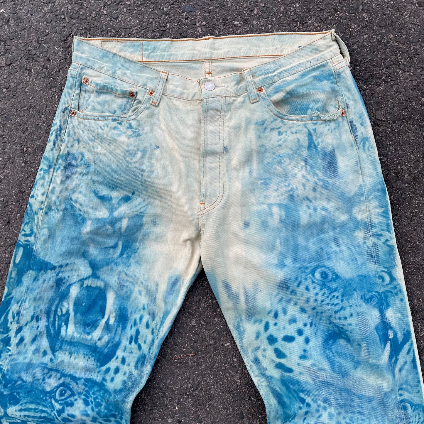 Hand-Reworked Leopard Print Jeans – Blue Art Denim Pants, 1 of 1 Upcycled Piece