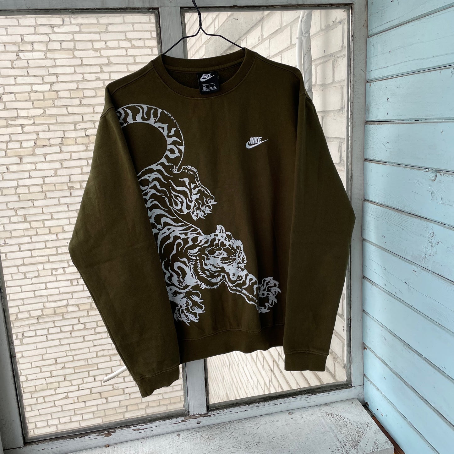 Custom Nike Sweatshirt – Olive Green with White Tiger Print | Vintage Sportswear Grunge 1 of 1