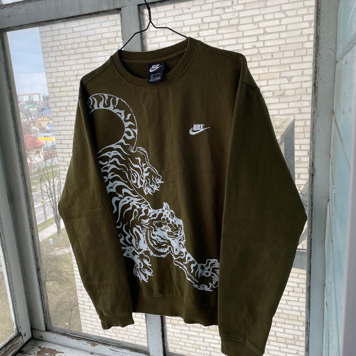 Custom Nike Sweatshirt – Olive Green with White Tiger Print | Vintage Sportswear Grunge 1 of 1