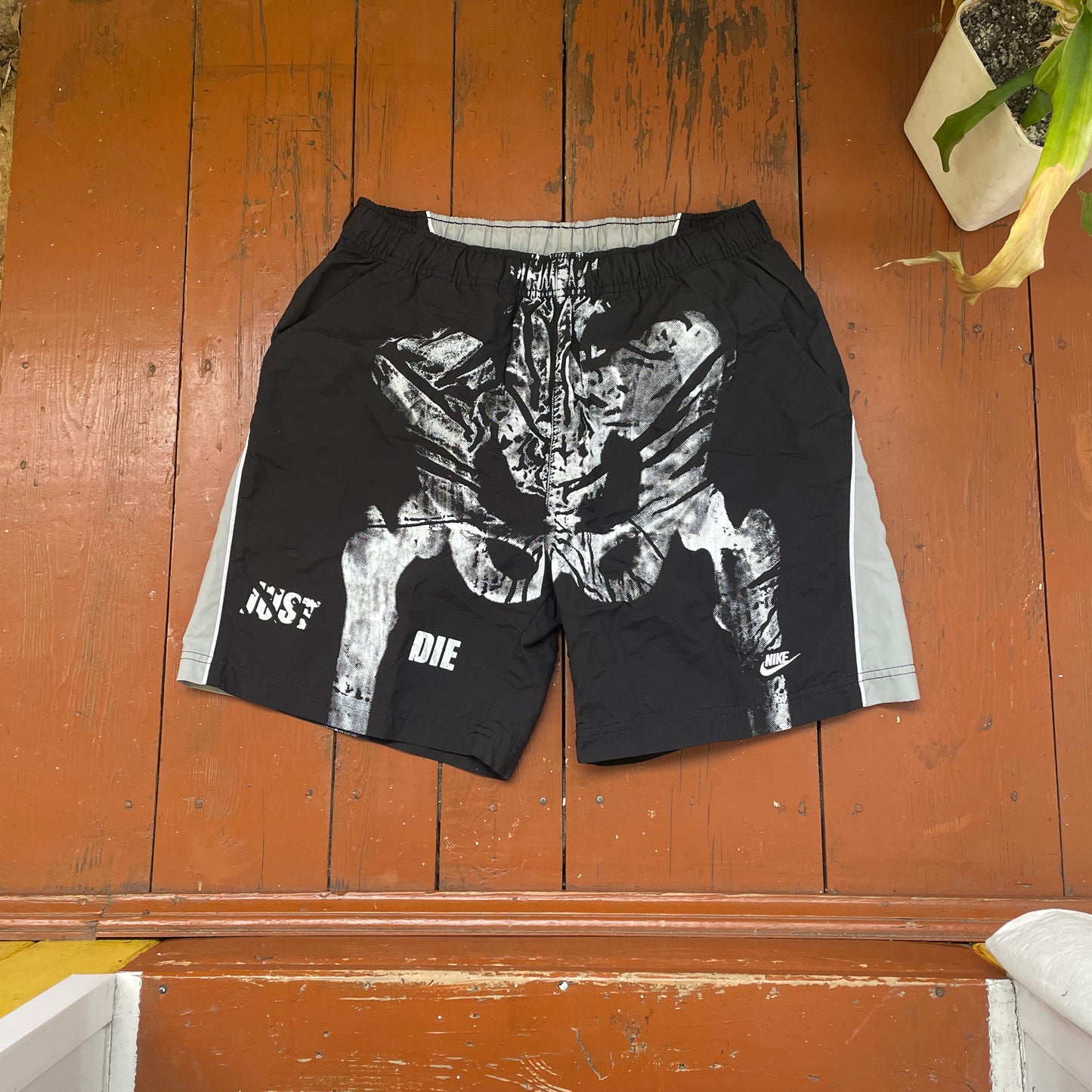 Custom Nike Grunge Shorts – Handprinted Bone Art | Vintage Sportswear 1 of 1