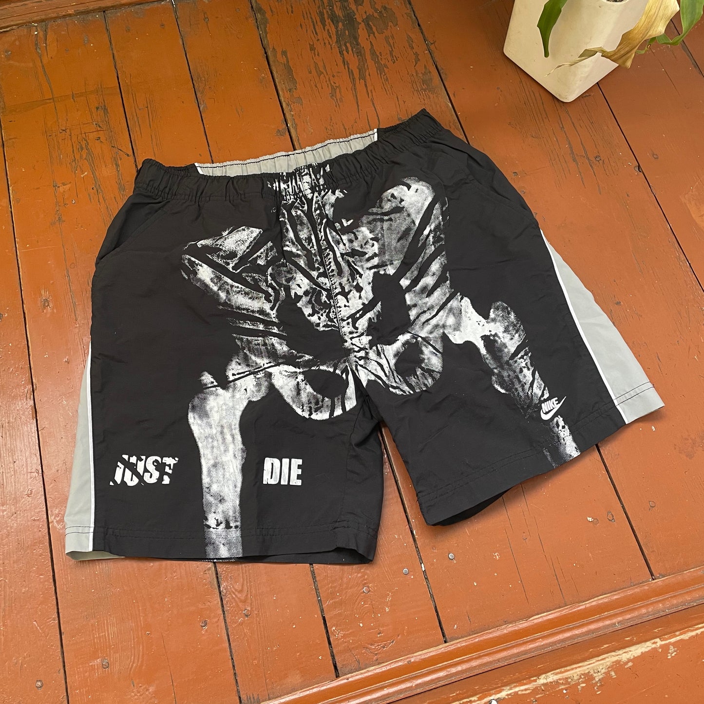 Custom Nike Grunge Shorts – Handprinted Bone Art | Vintage Sportswear 1 of 1