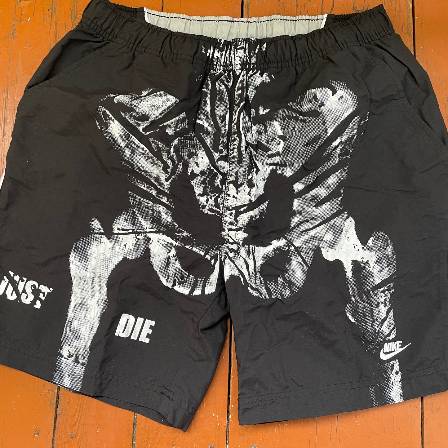 Custom Nike Grunge Shorts – Handprinted Bone Art | Vintage Sportswear 1 of 1