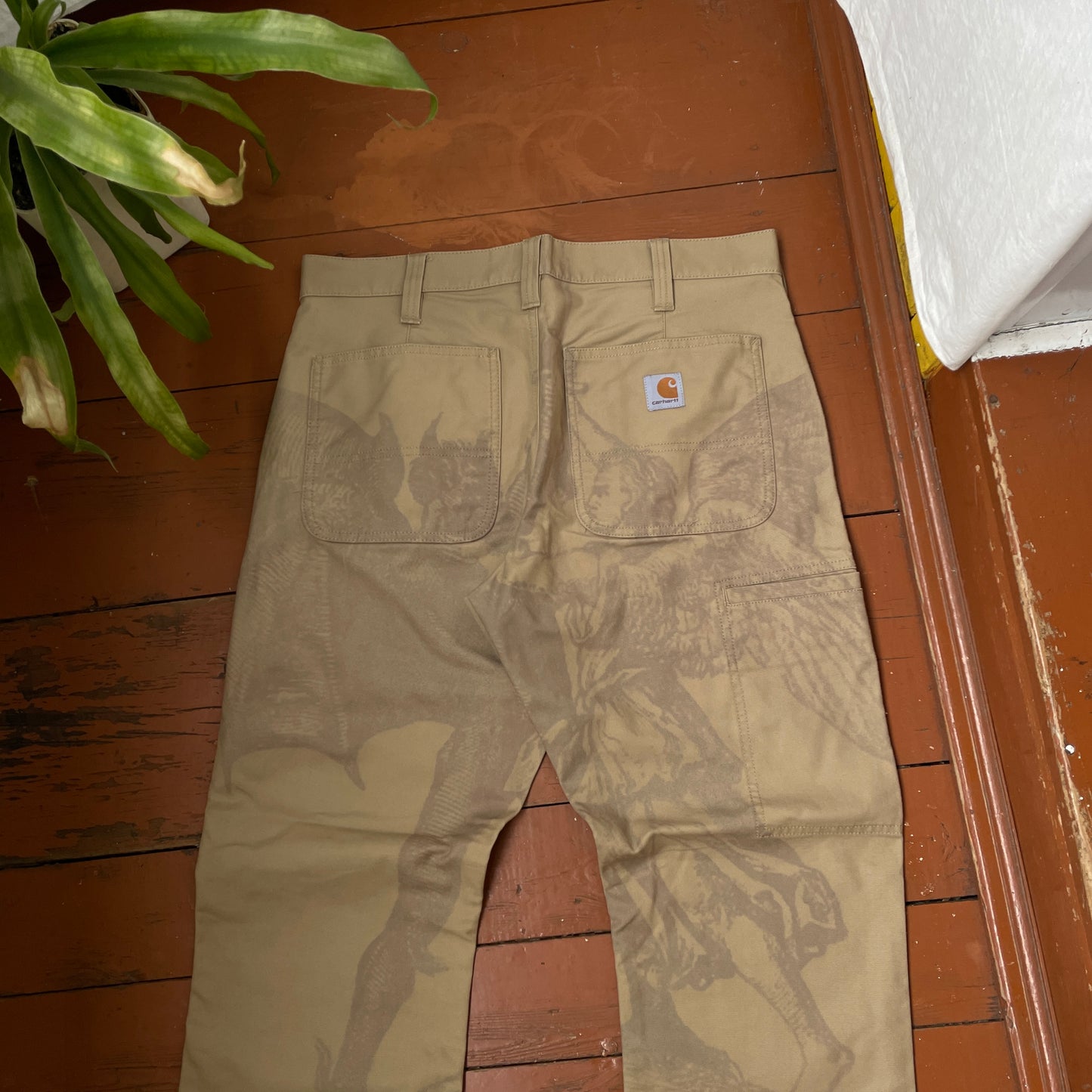 Custom Carhartt Mythical Creature Print Pants – Beige/Khaki Subtle Art | 1 of 1 Reworked Workwear