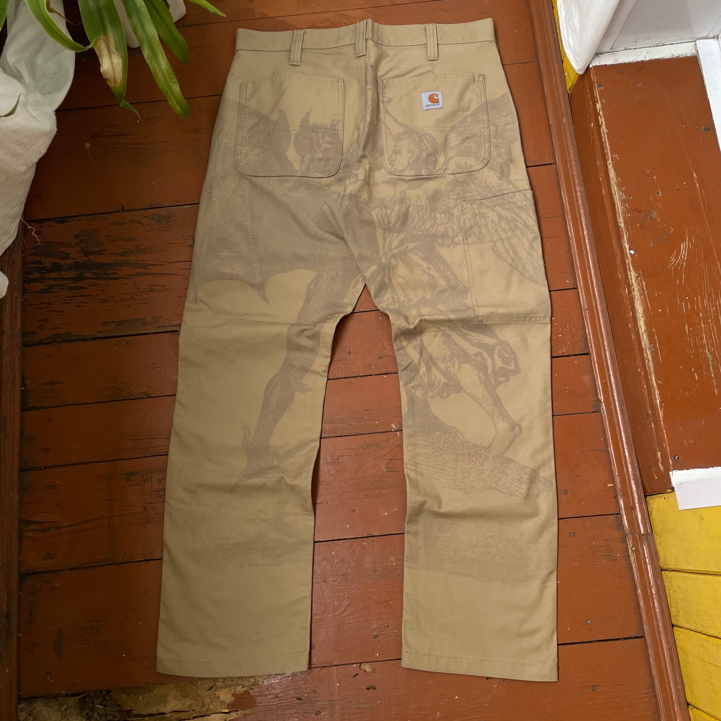 Custom Carhartt Mythical Creature Print Pants – Beige/Khaki Subtle Art | 1 of 1 Reworked Workwear