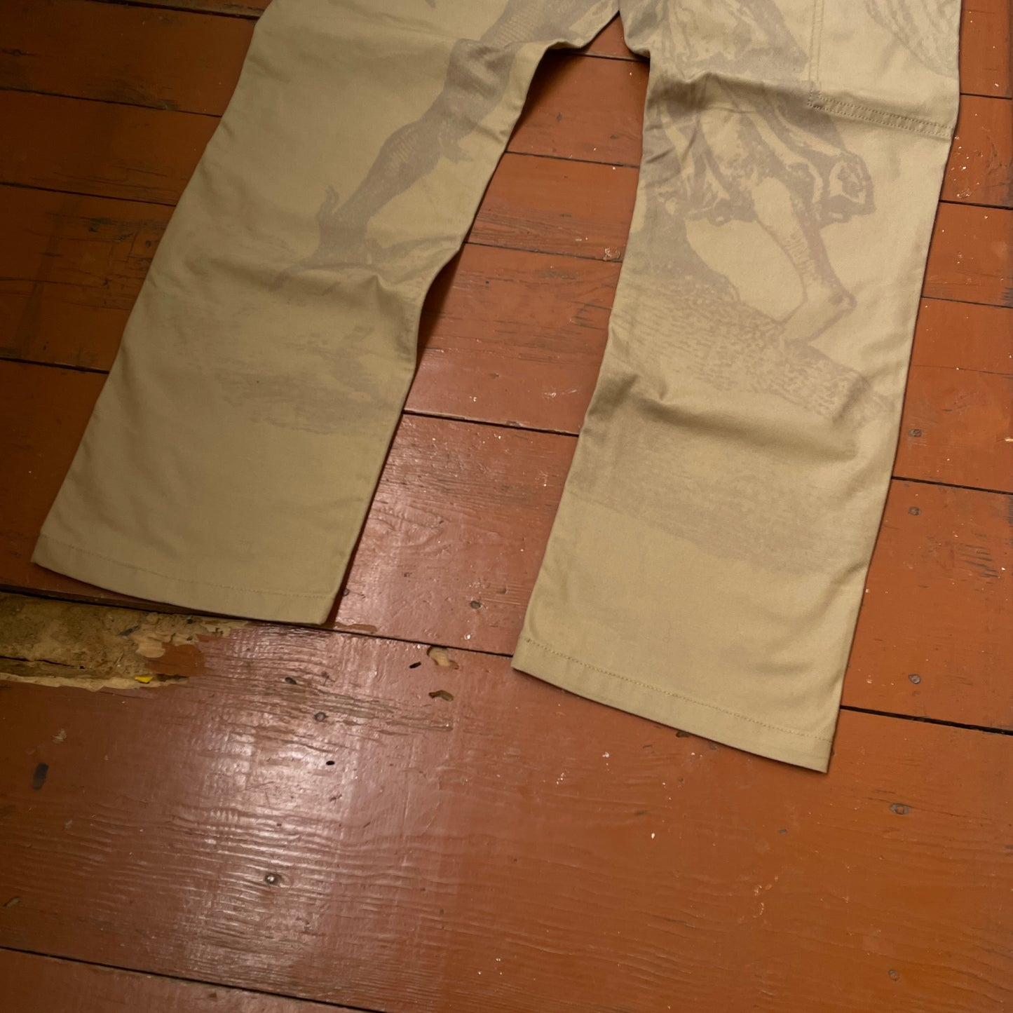 Custom Carhartt Mythical Creature Print Pants – Beige/Khaki Subtle Art | 1 of 1 Reworked Workwear
