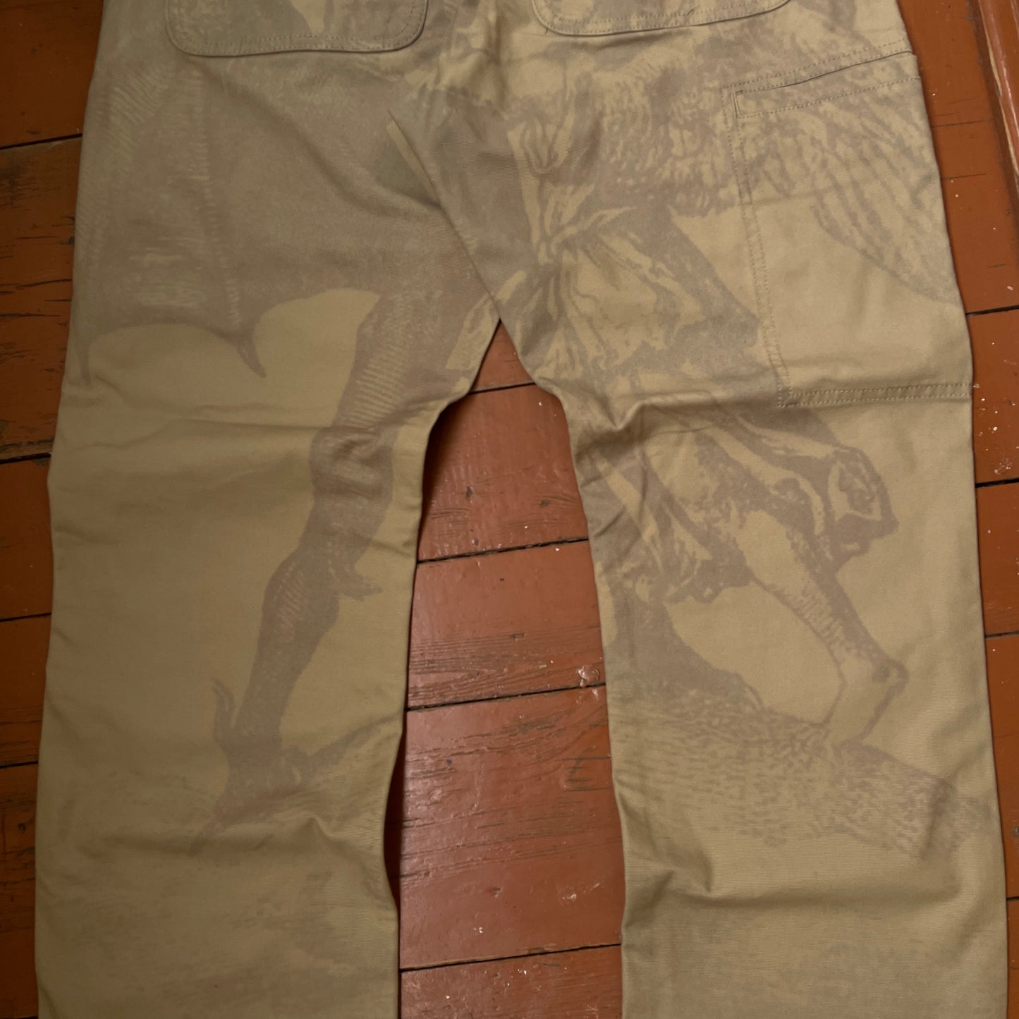 Custom Carhartt Mythical Creature Print Pants – Beige/Khaki Subtle Art | 1 of 1 Reworked Workwear