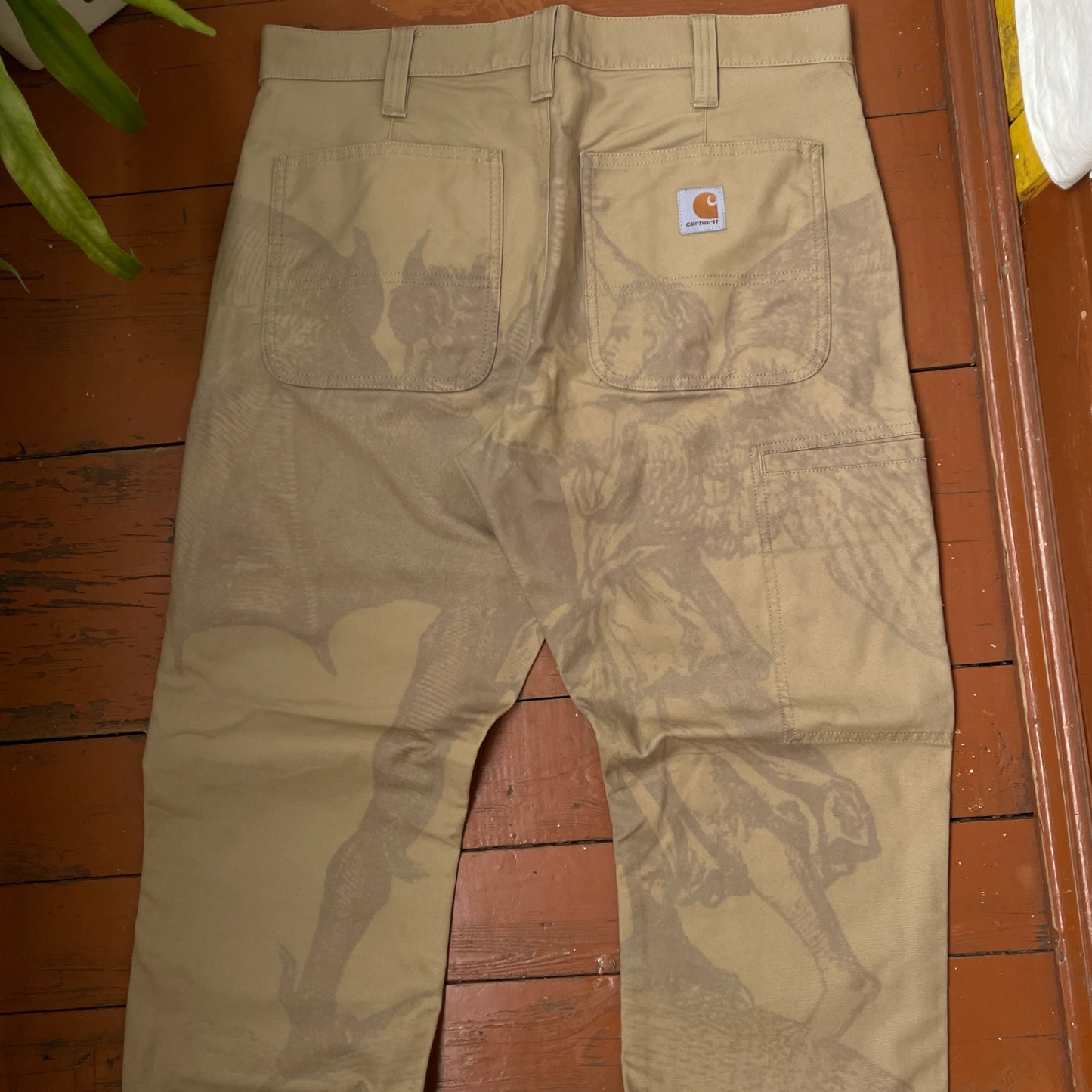 Custom Carhartt Mythical Creature Print Pants – Beige/Khaki Subtle Art | 1 of 1 Reworked Workwear