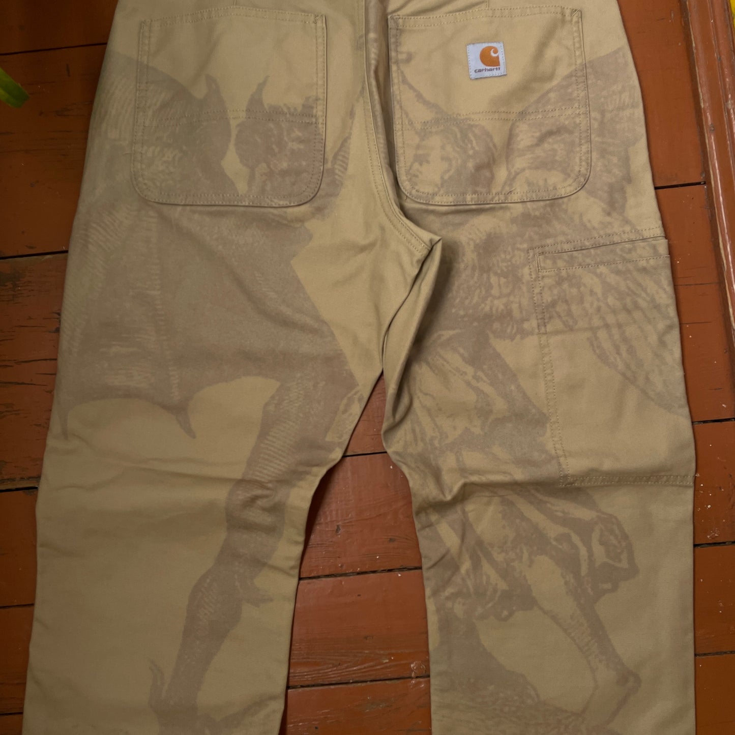 Custom Carhartt Mythical Creature Print Pants – Beige/Khaki Subtle Art | 1 of 1 Reworked Workwear