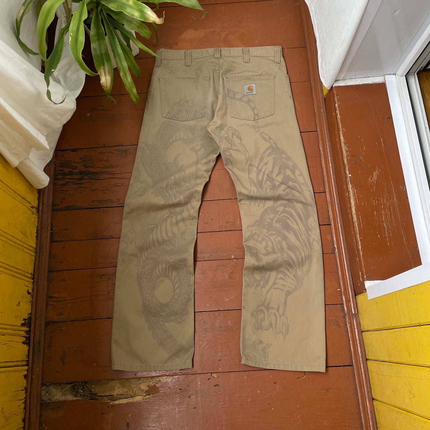 Custom Carhartt Tiger & Dragon Work Pants โ Beige Hand-Printed Art | 1 of 1 Reworked