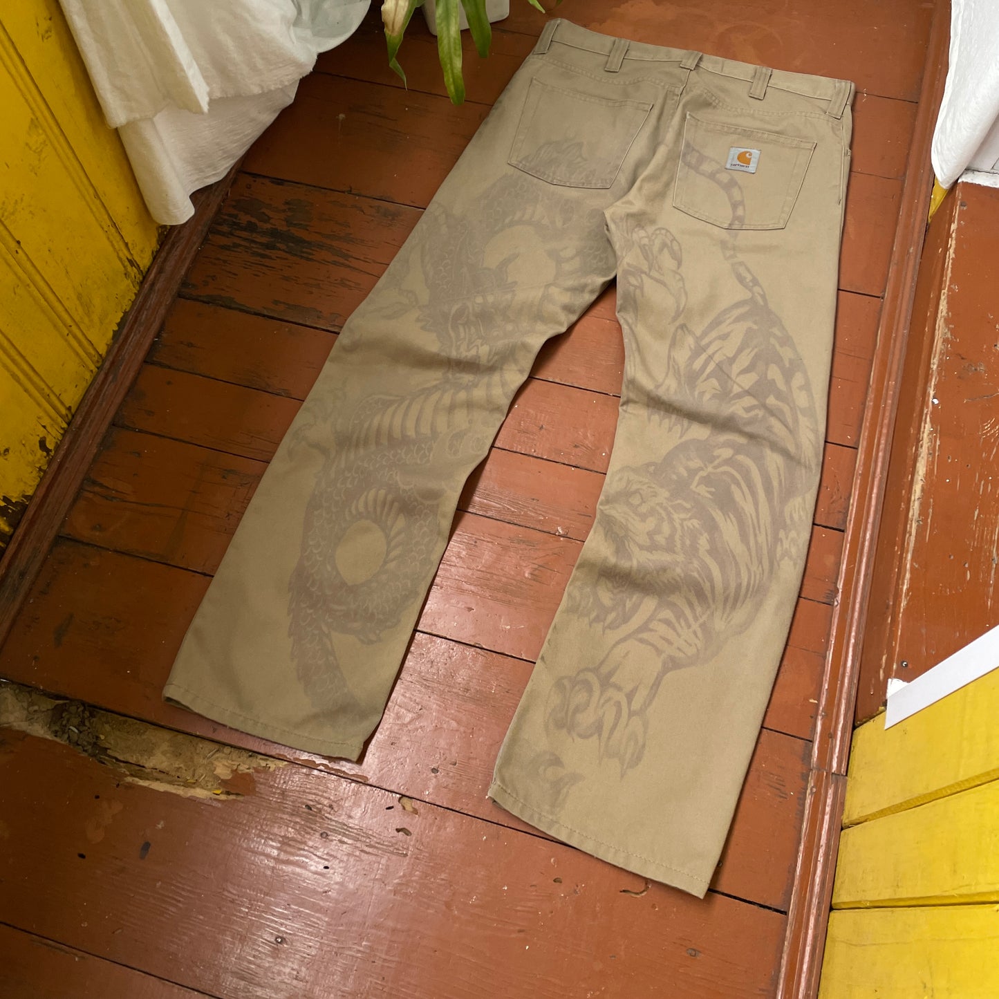 Custom Carhartt Tiger & Dragon Work Pants โ Beige Hand-Printed Art | 1 of 1 Reworked