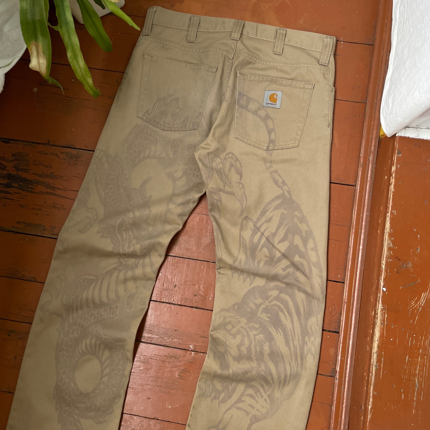 Custom Carhartt Tiger & Dragon Work Pants โ Beige Hand-Printed Art | 1 of 1 Reworked