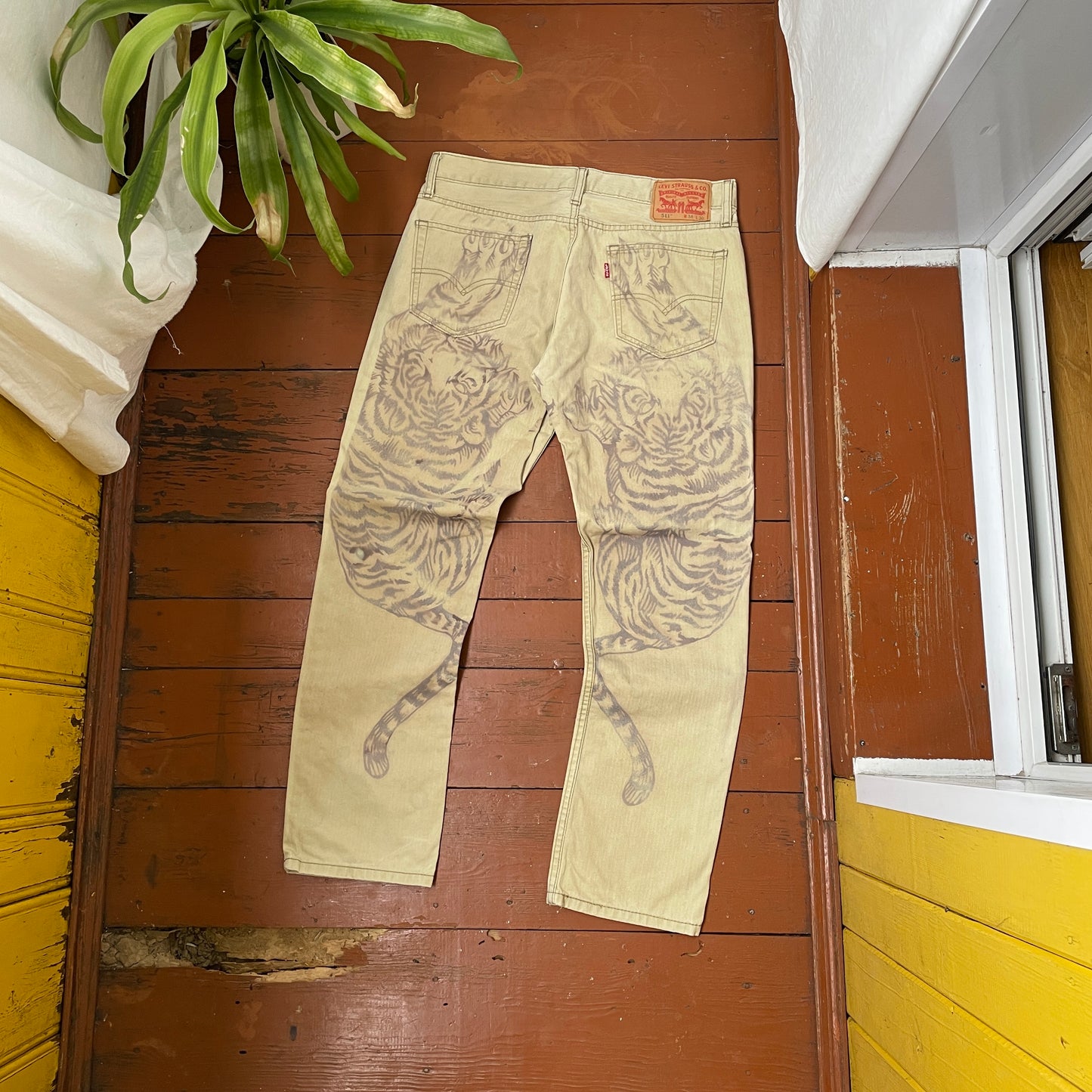 Custom Levi’s Tiger Print Jeans – Beige/Khaki with Bold Artwork | 1 of 1 Reworked