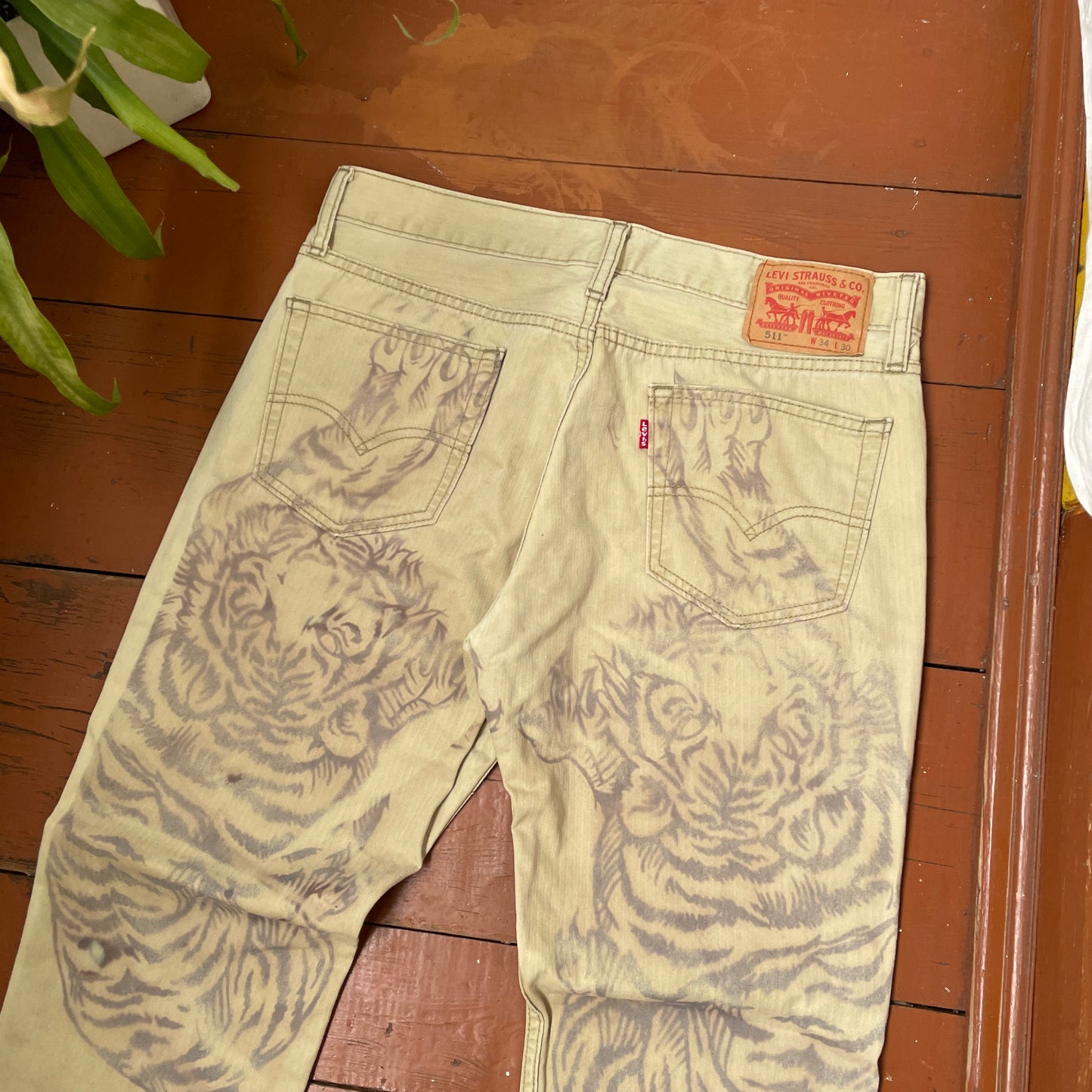 Custom Levi’s Tiger Print Jeans – Beige/Khaki with Bold Artwork | 1 of 1 Reworked