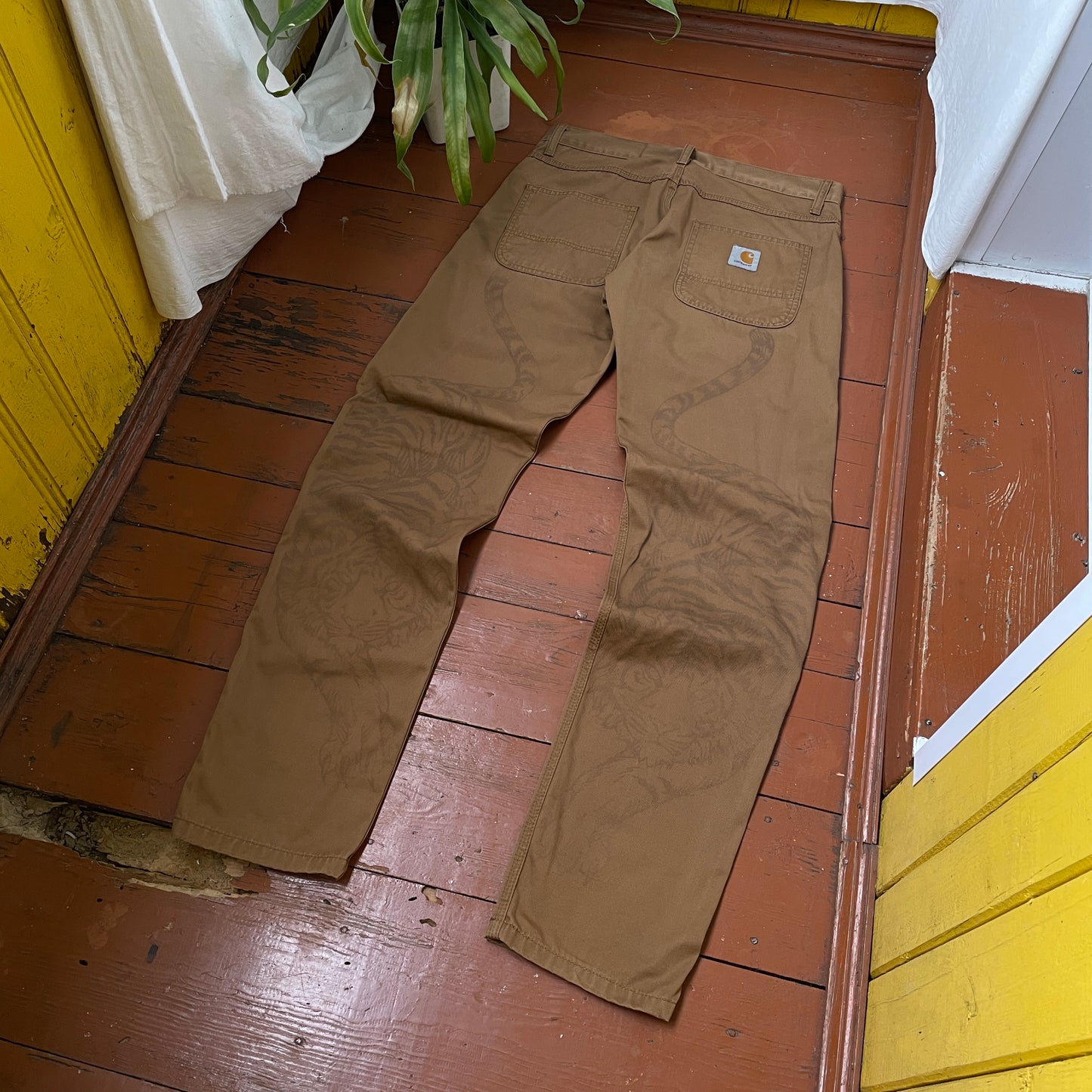 Custom Carhartt Tiger Print Pants โ Brown with Hand-Applied Artwork | 1 of 1 Reworked