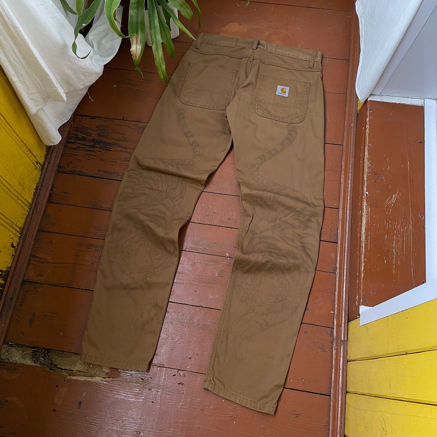 Custom Carhartt Tiger Print Pants โ Brown with Hand-Applied Artwork | 1 of 1 Reworked