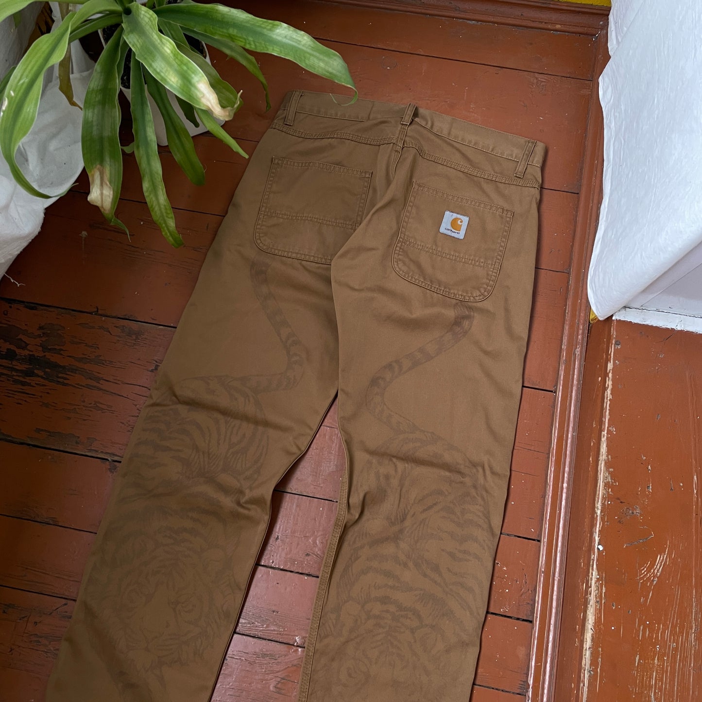 Custom Carhartt Tiger Print Pants โ Brown with Hand-Applied Artwork | 1 of 1 Reworked