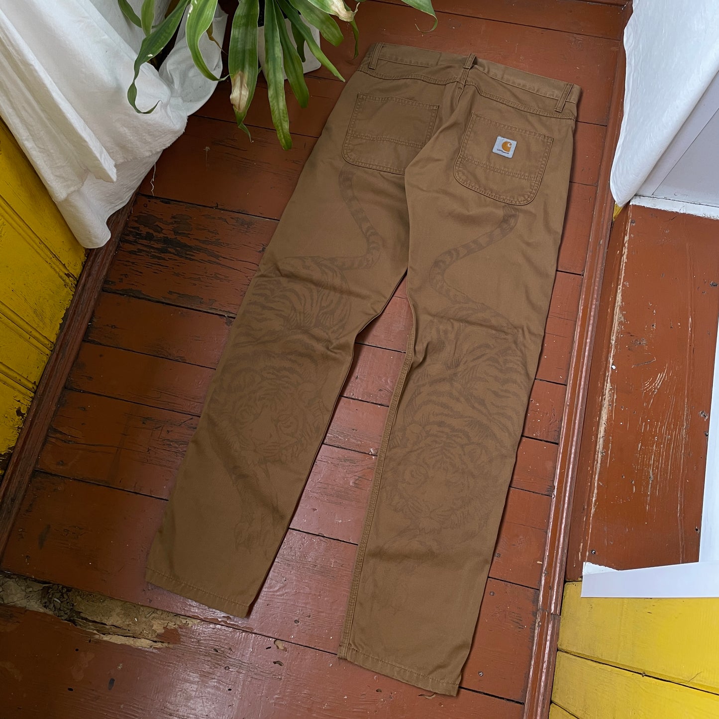 Custom Carhartt Tiger Print Pants โ Brown with Hand-Applied Artwork | 1 of 1 Reworked
